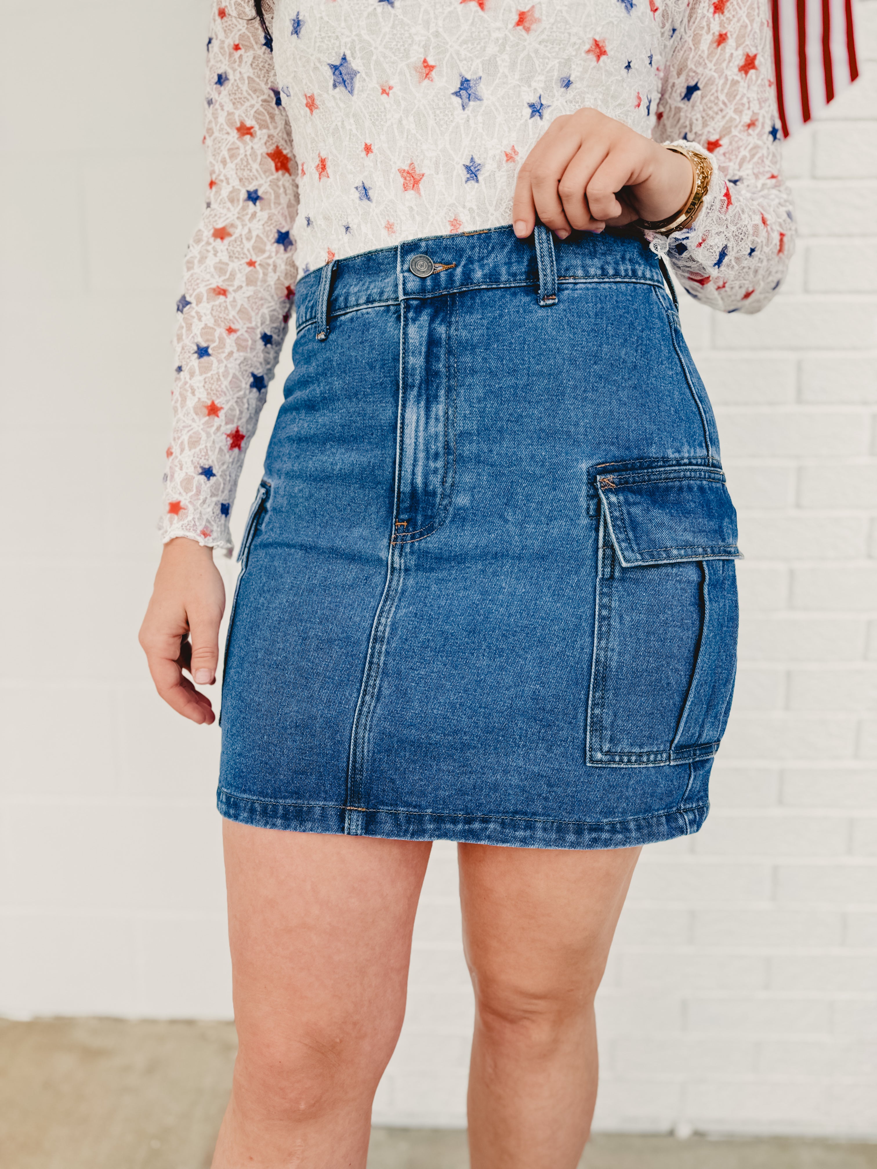 Cargo Mini Denim Skirt - Medium Wash