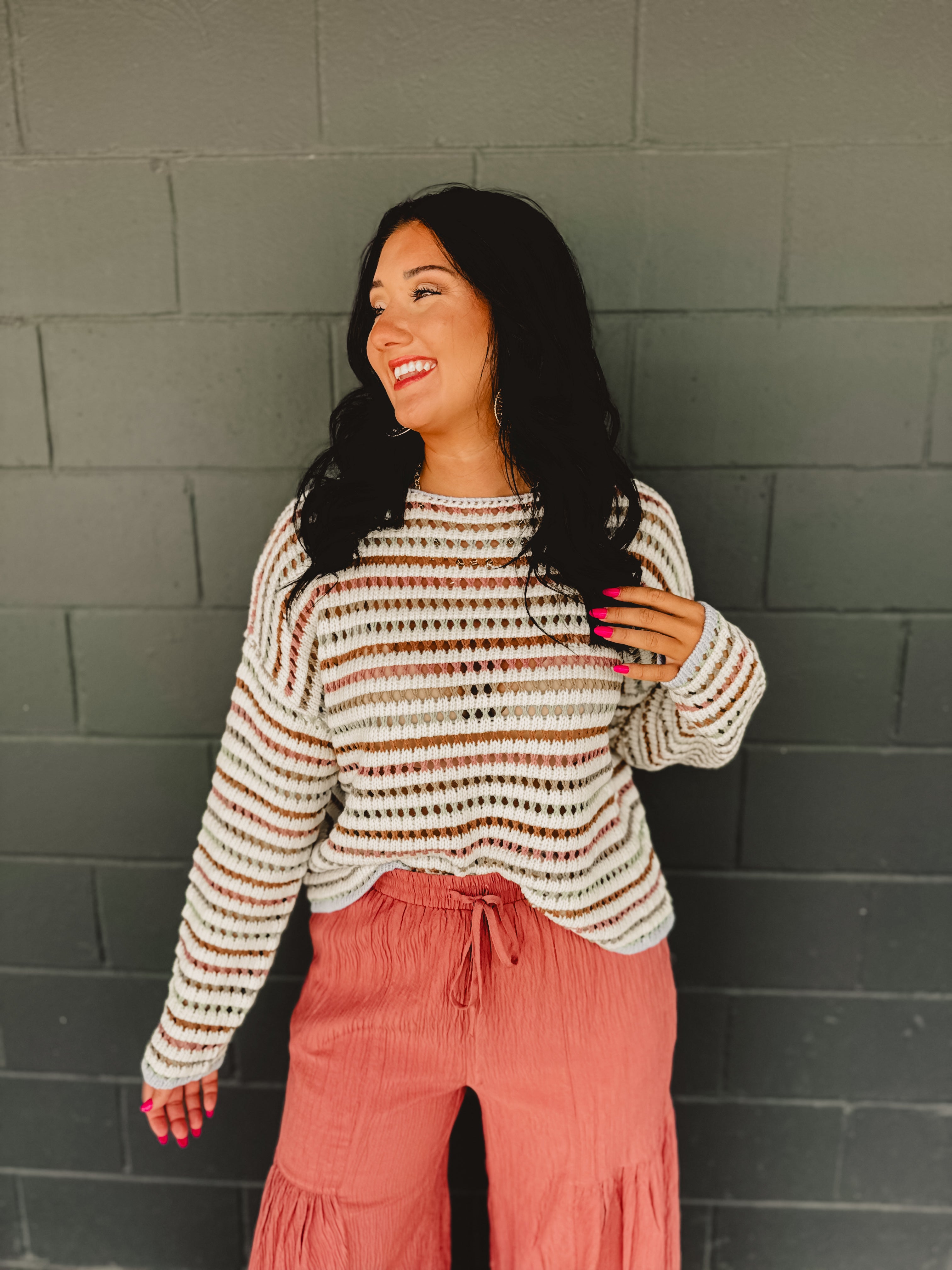 Striped Crochet Drop Shoulder Sweater - Multi