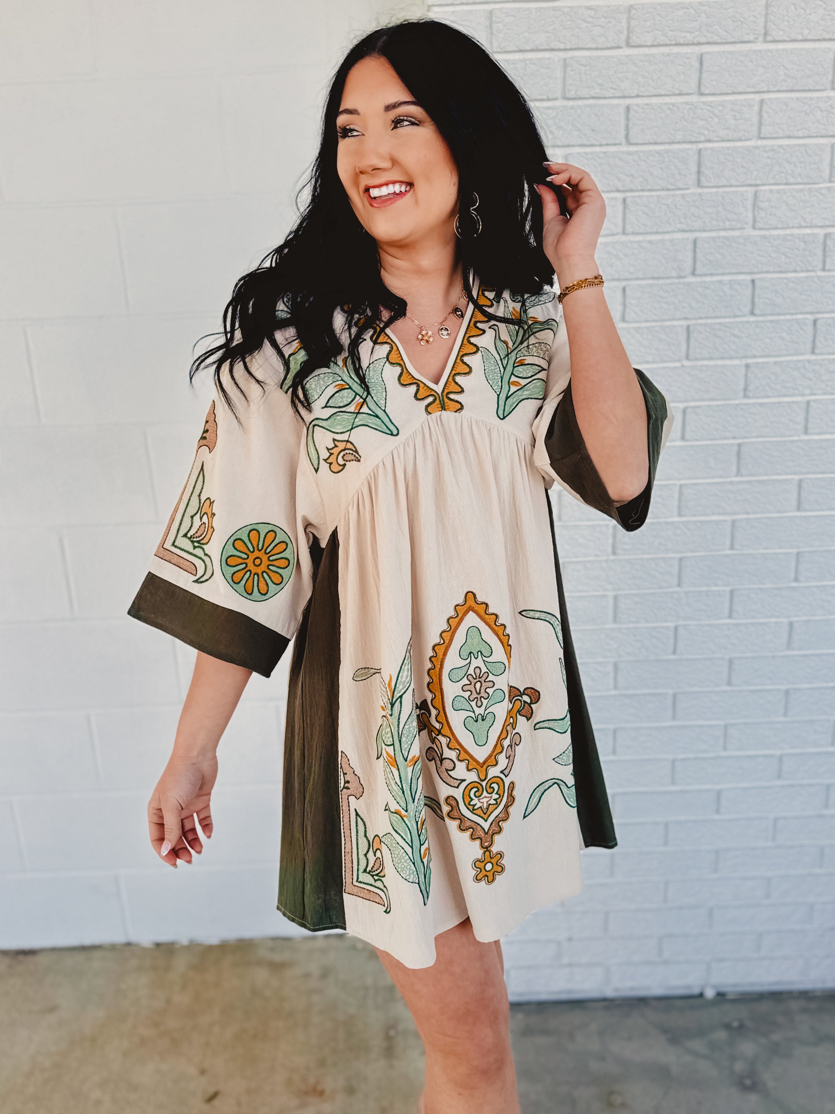 Boho Embroidered Babydoll Dress - Sage