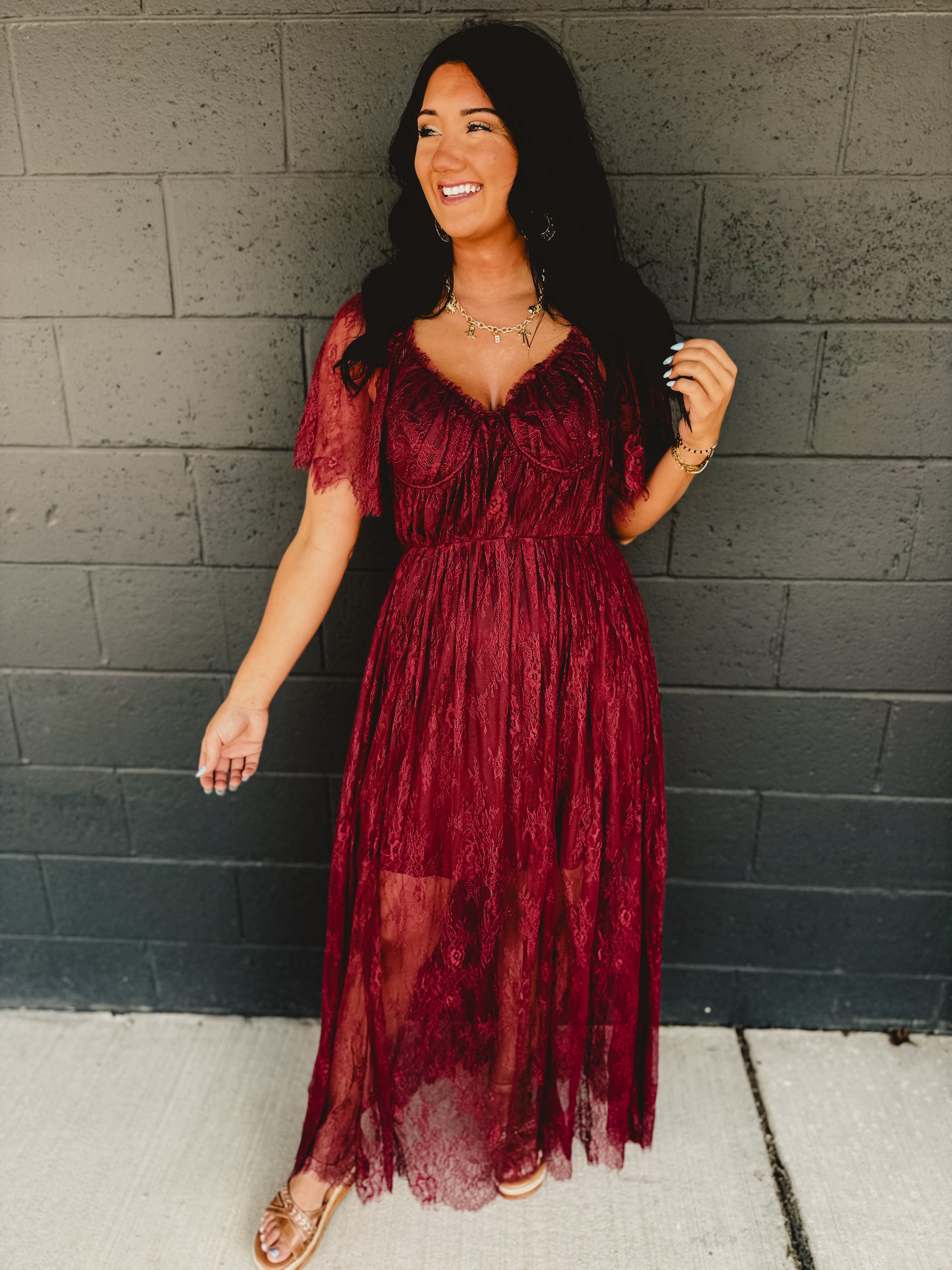 Floral Lace Overlay Maxi Dress - Wine