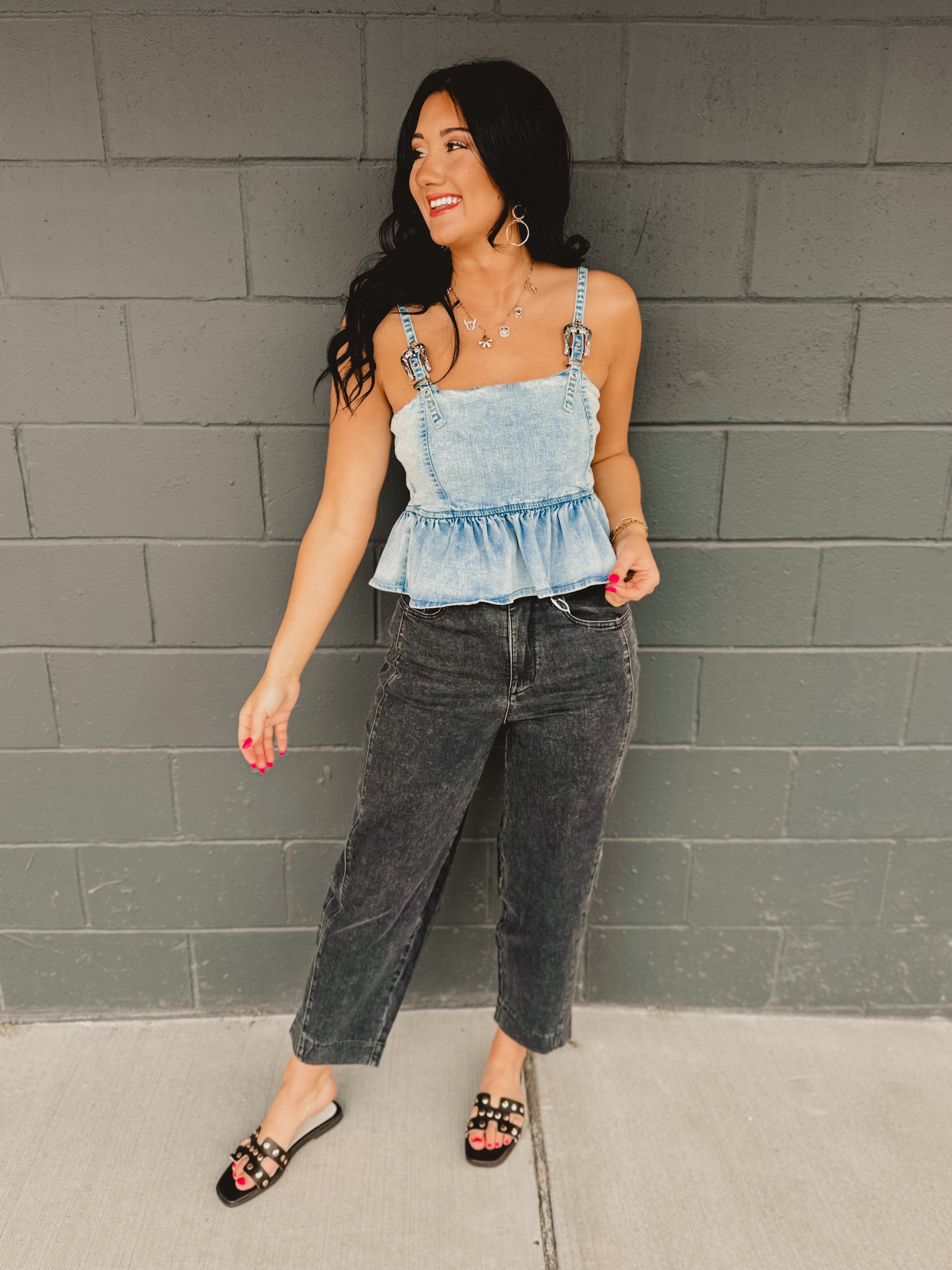 Western Buckle Denim Peplum Tank - Light Wash