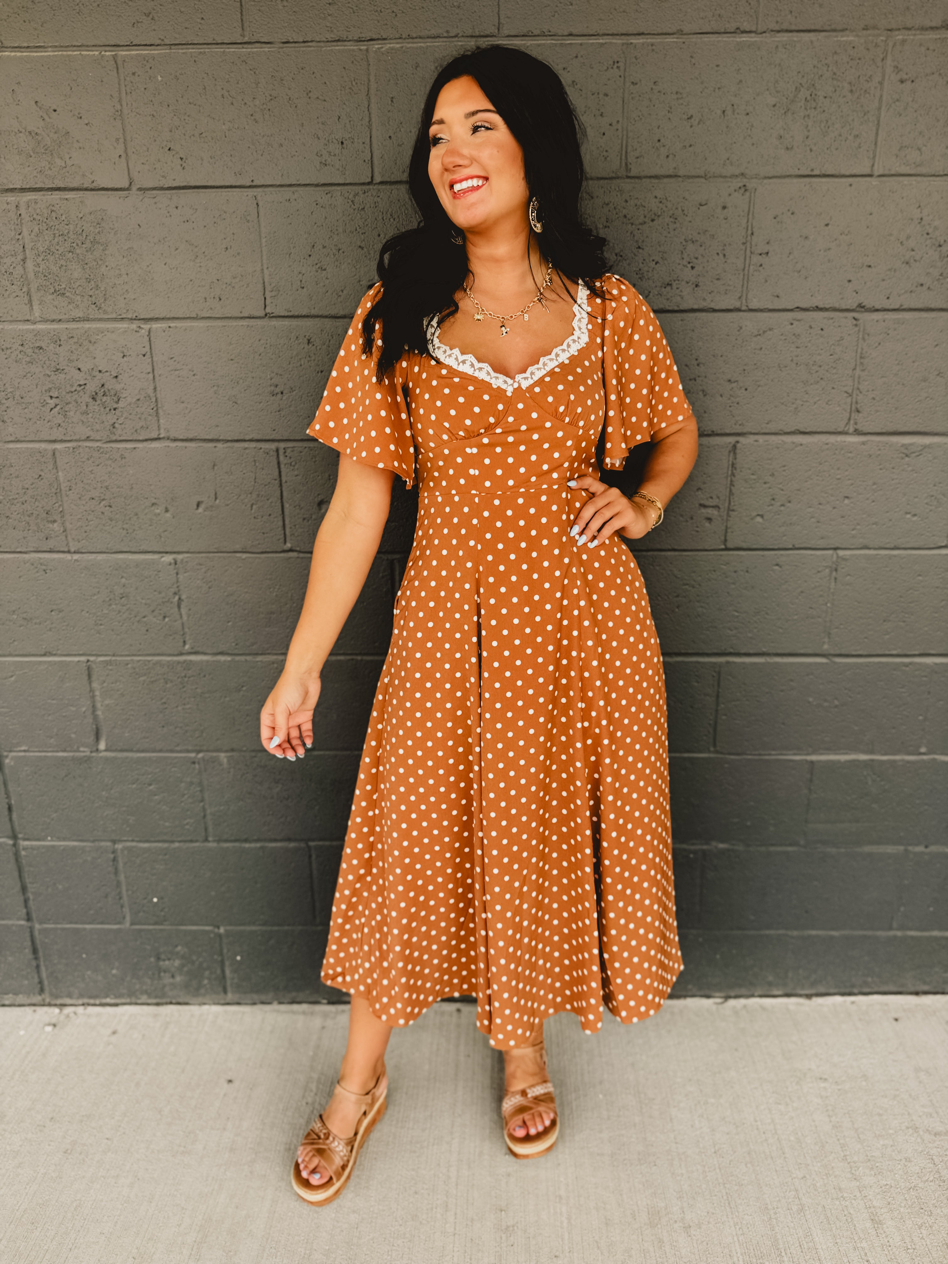 Flutter Sleeve Polka Dot Maxi Dress - Sepia