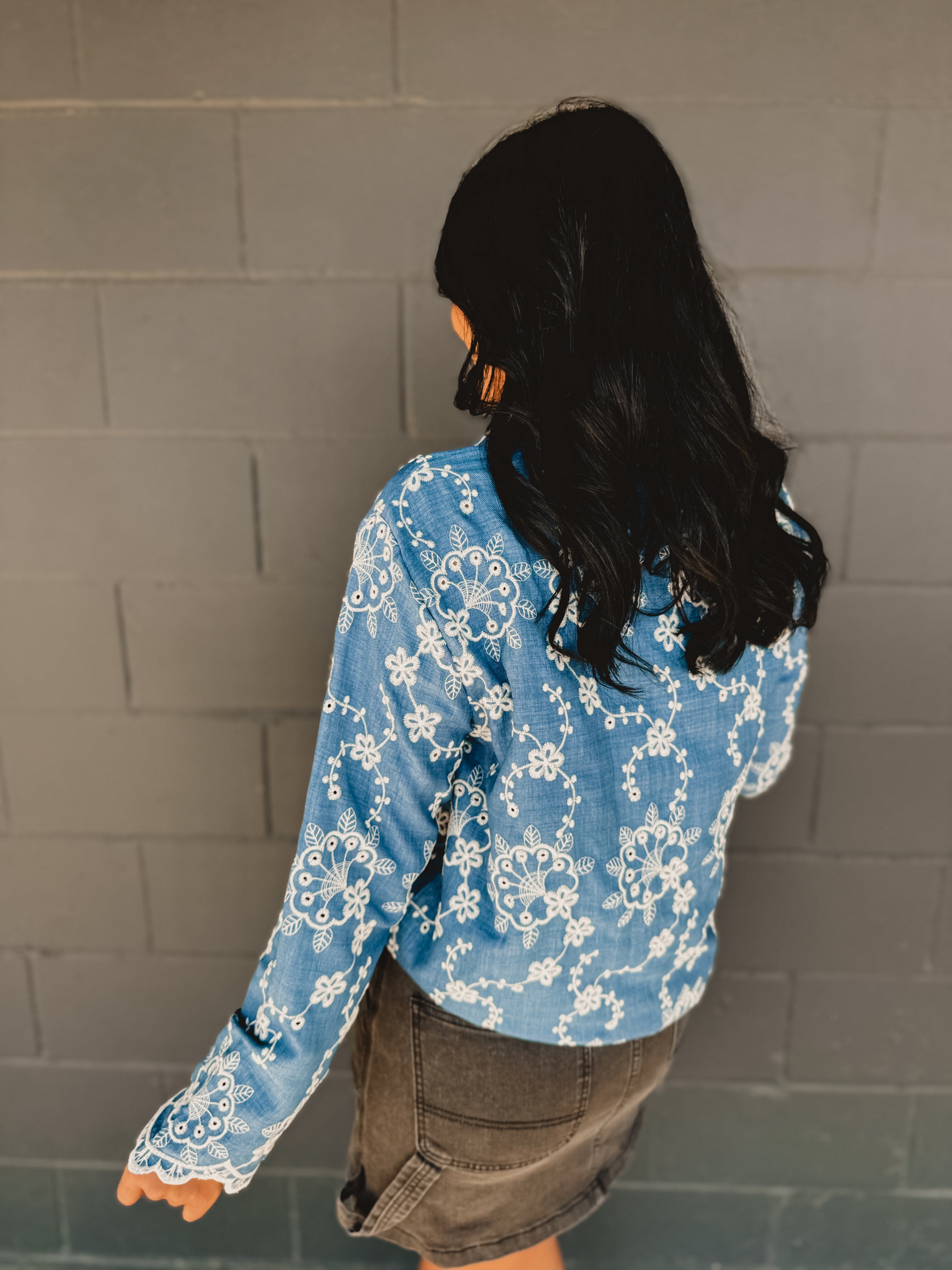 Button Down Floral Embroidered Denim Top
