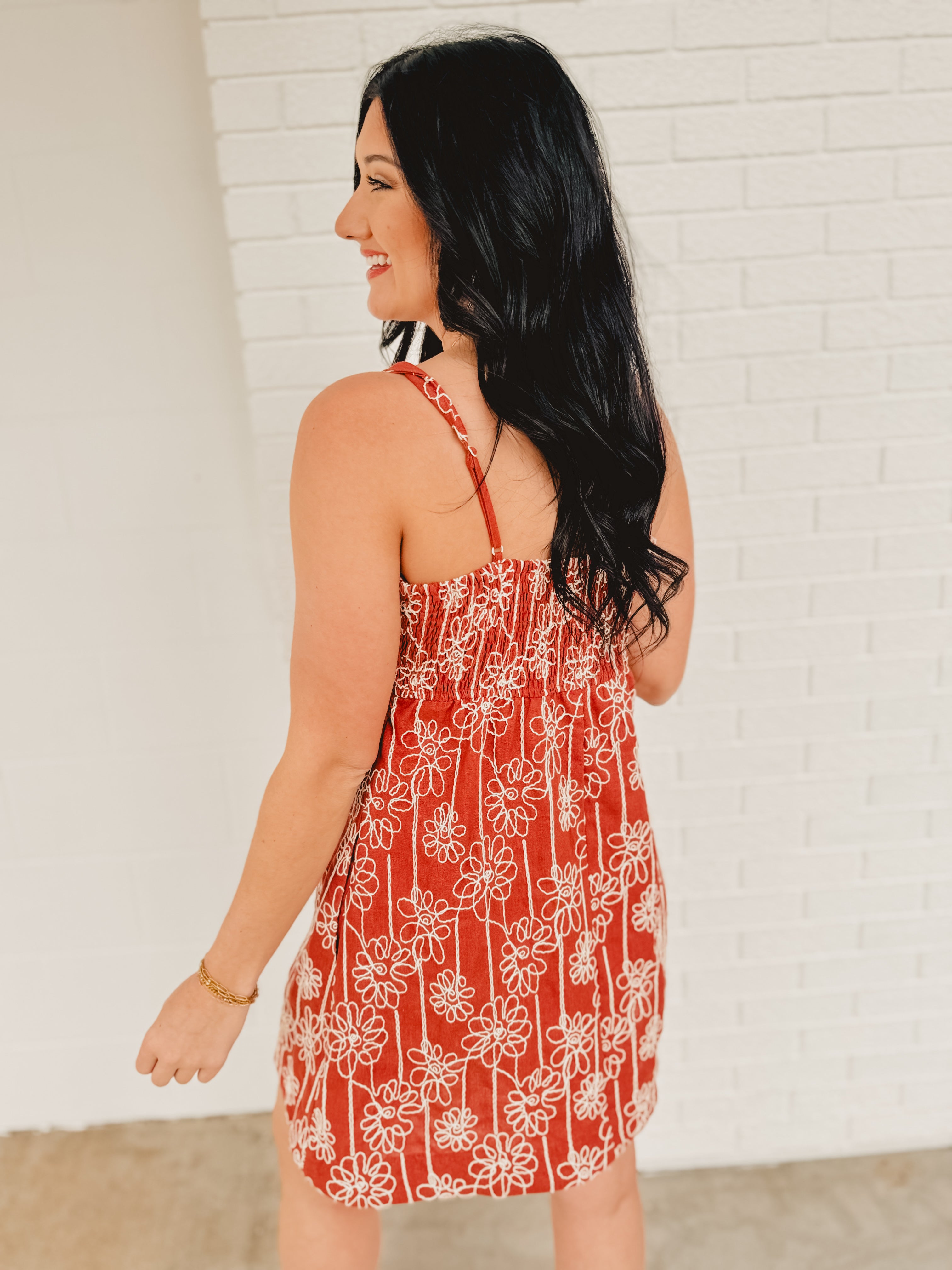 Floral Embroidered Mini Dress - Ruby