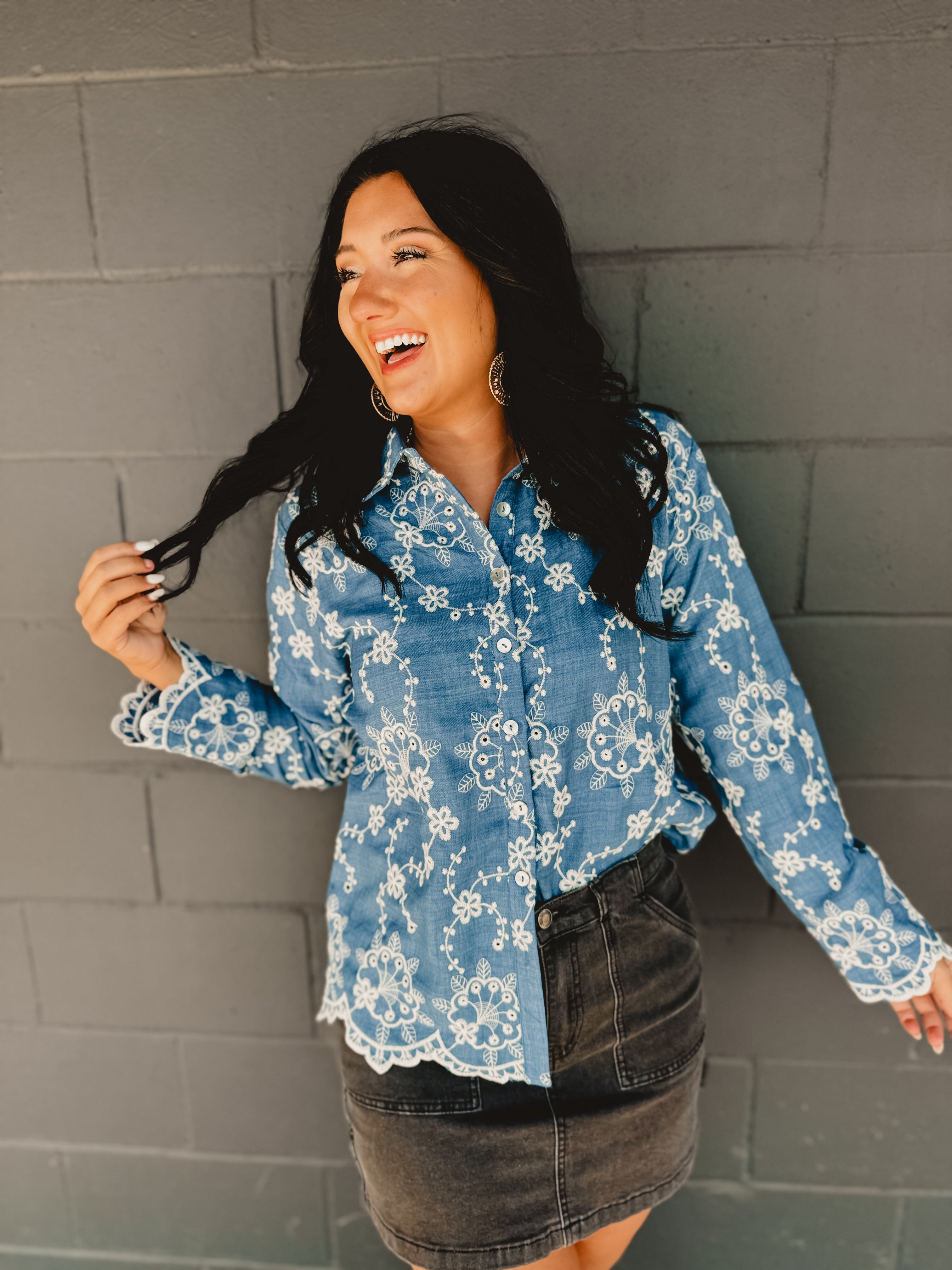 Button Down Floral Embroidered Denim Top