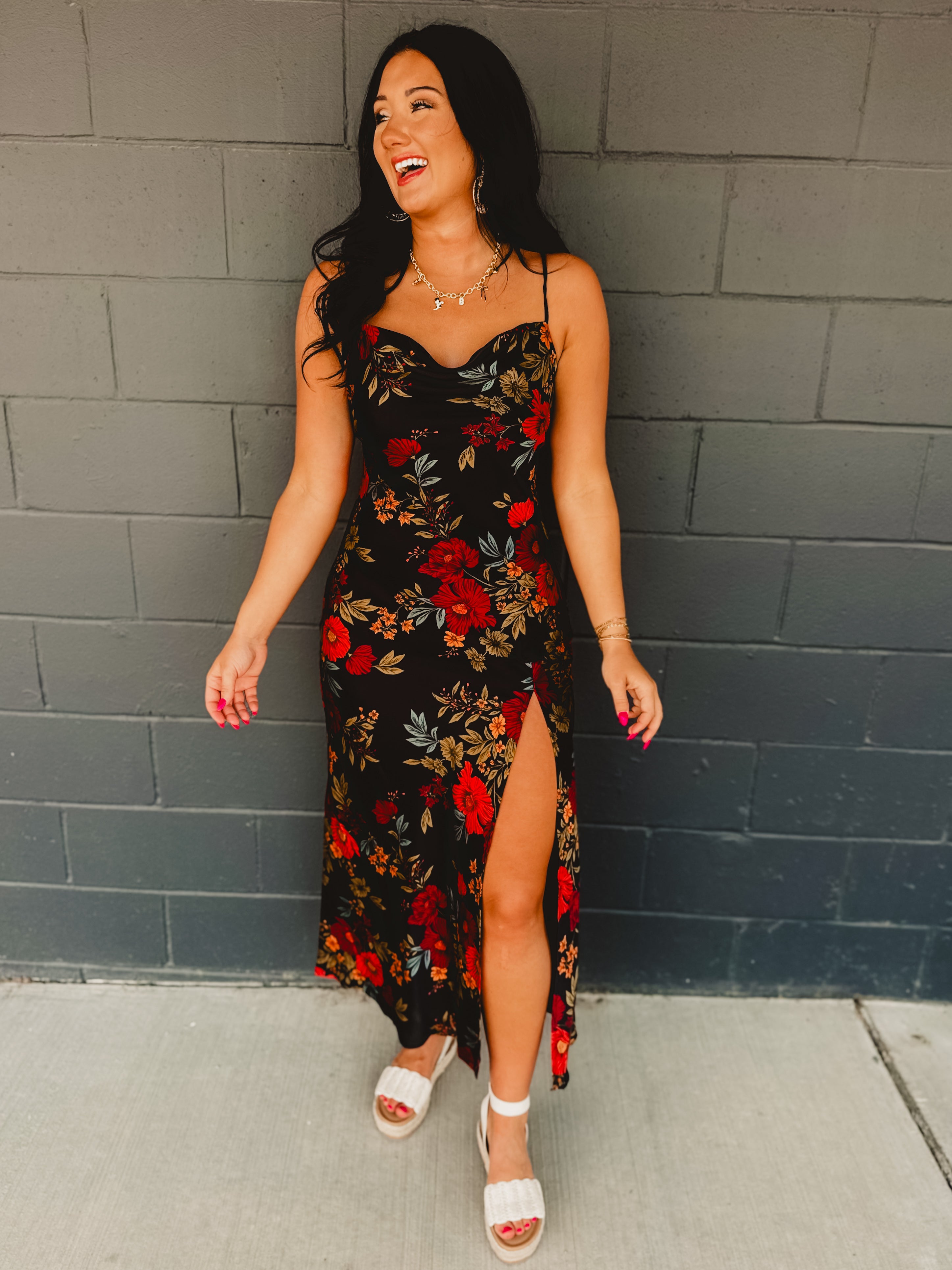 Black Satin Dress - Floral