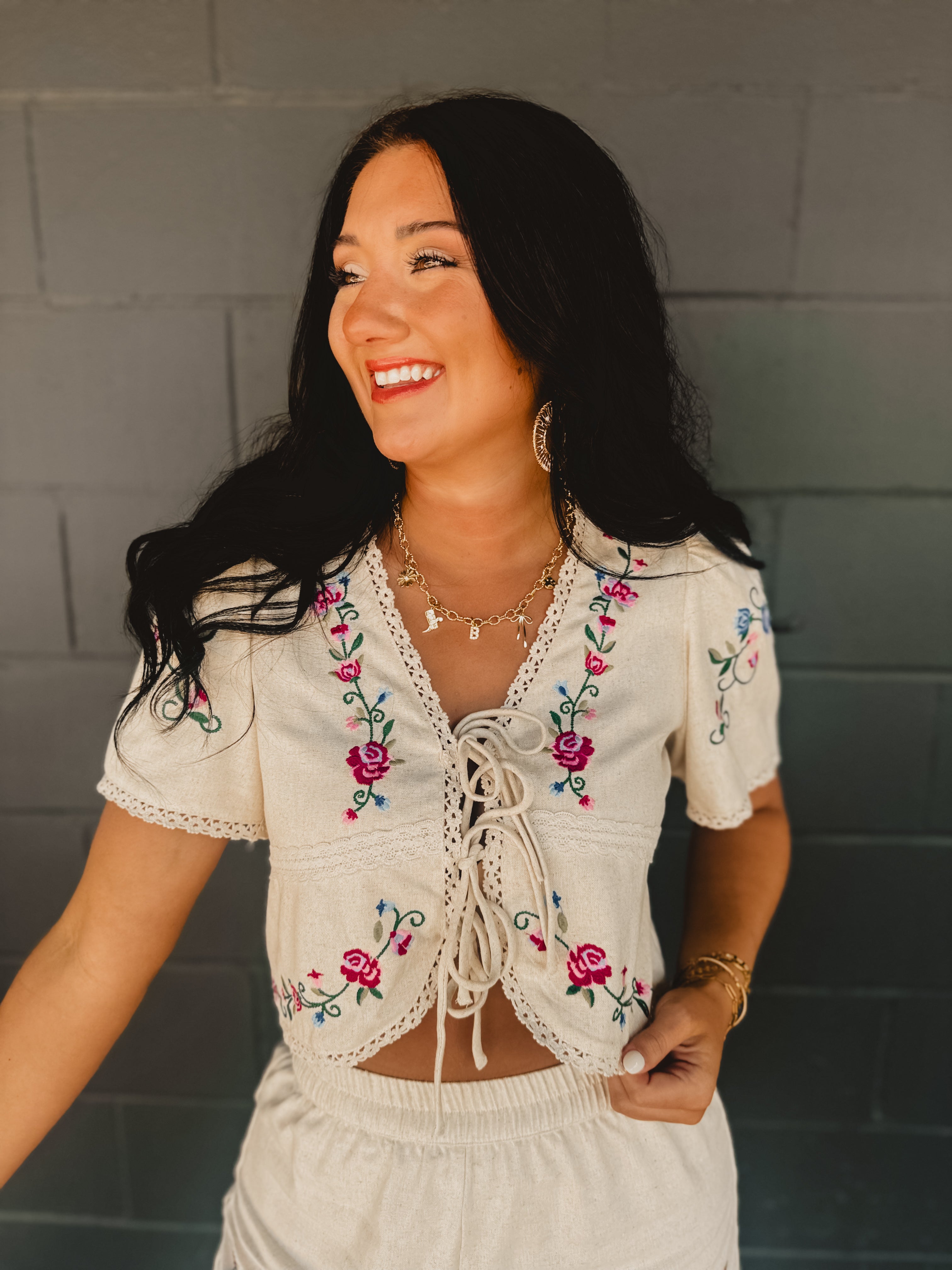 Floral Embroidery Detail Front Tie Cropped Blouse - Natural