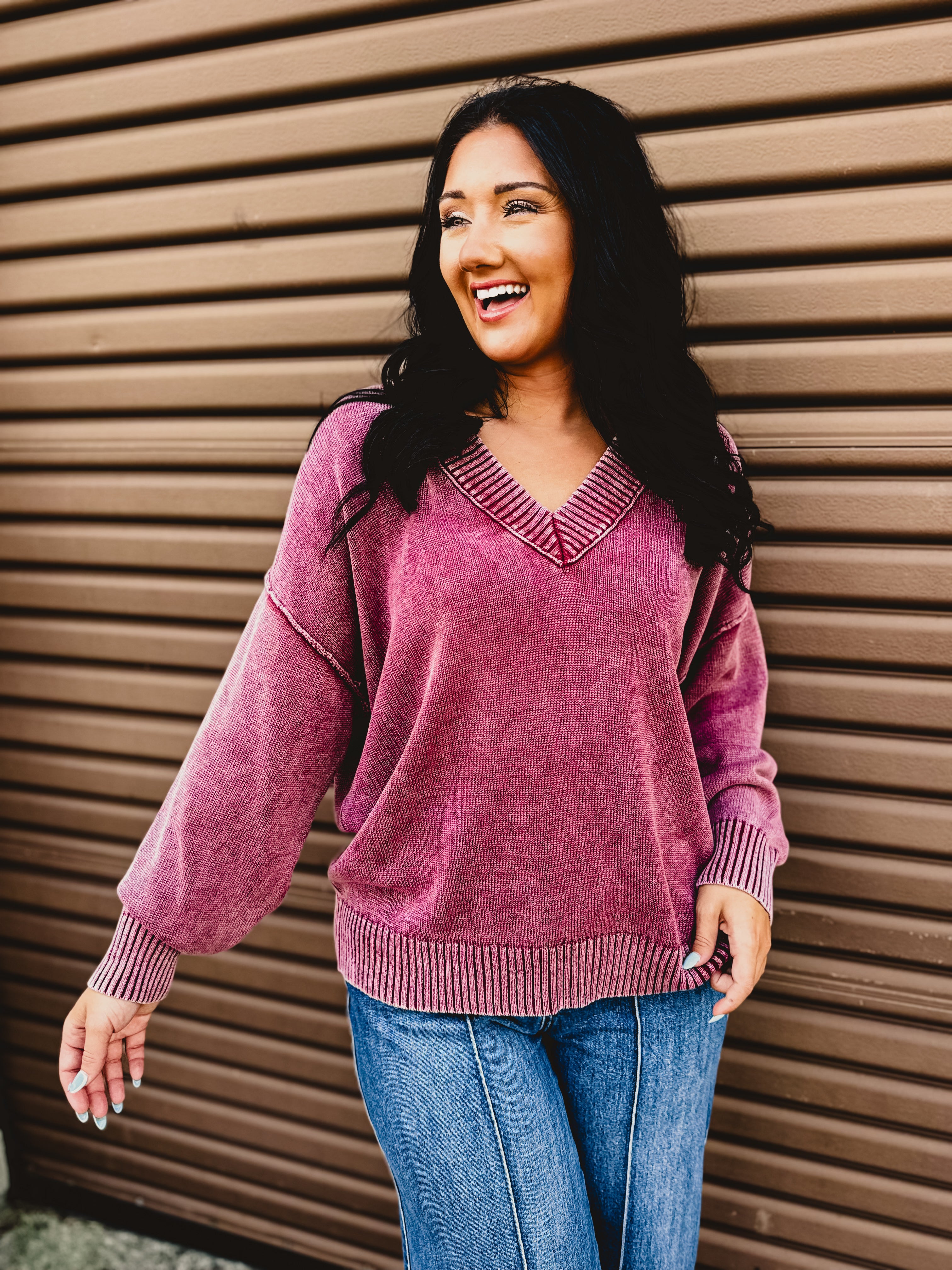 Oversized V-Neck Washed Sweater - Burgundy