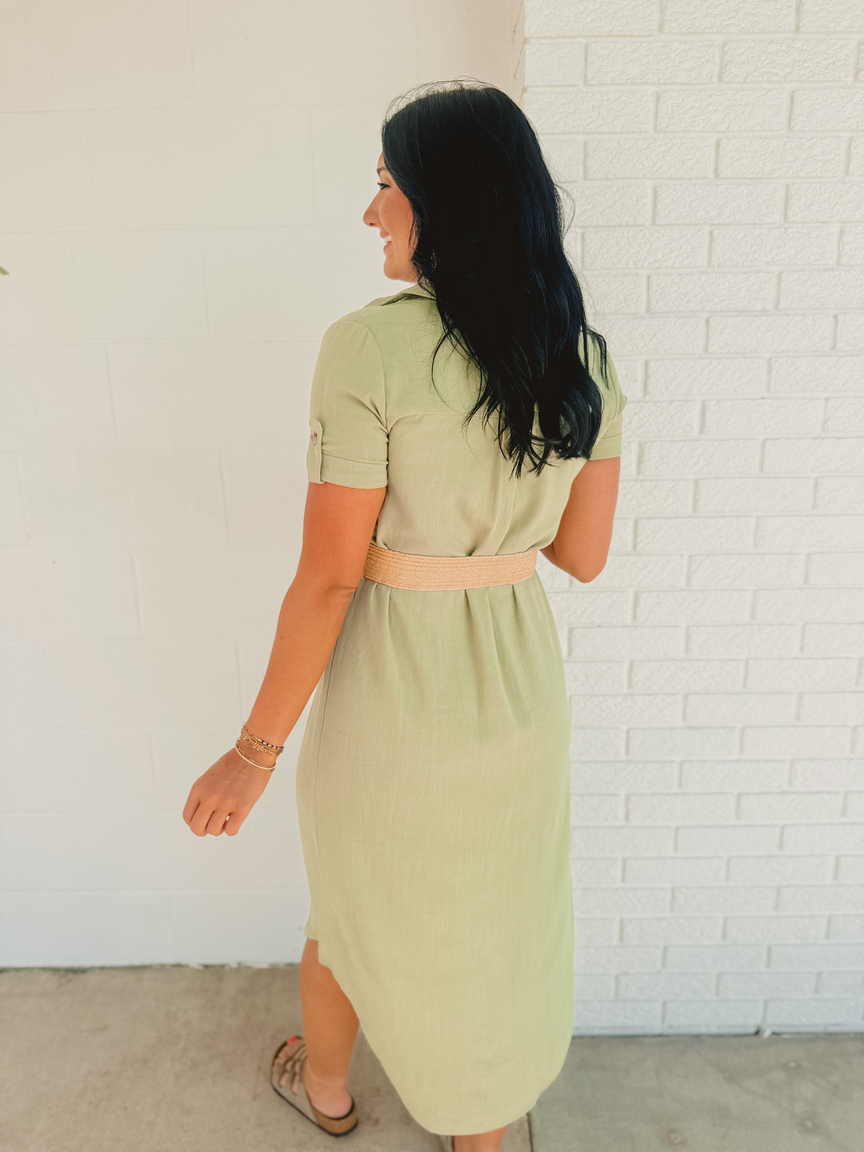 Button Down Belted Midi Dress - Olive
