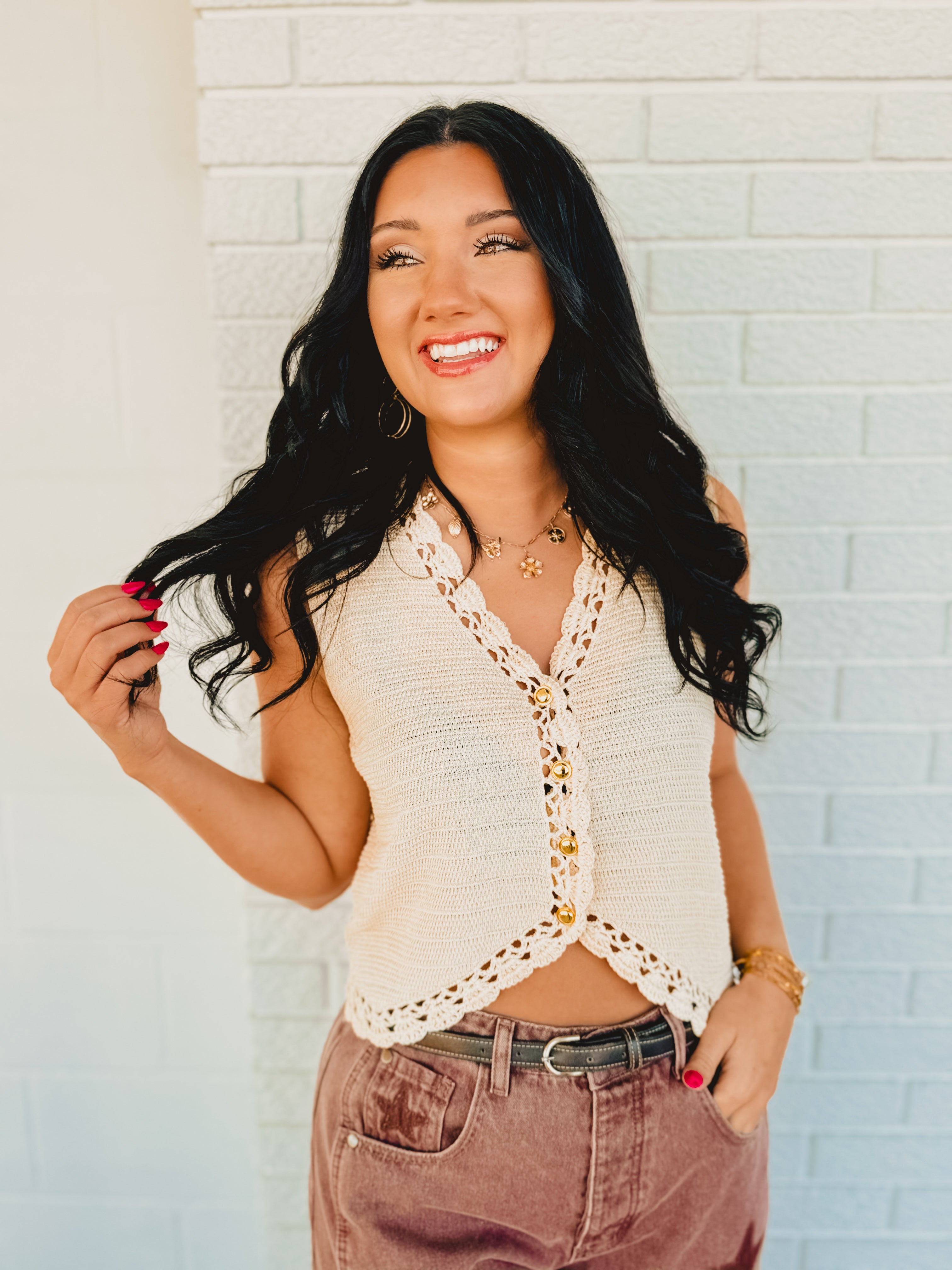 Crochet Trimmed Button Down Sweater Vest - Oatmeal