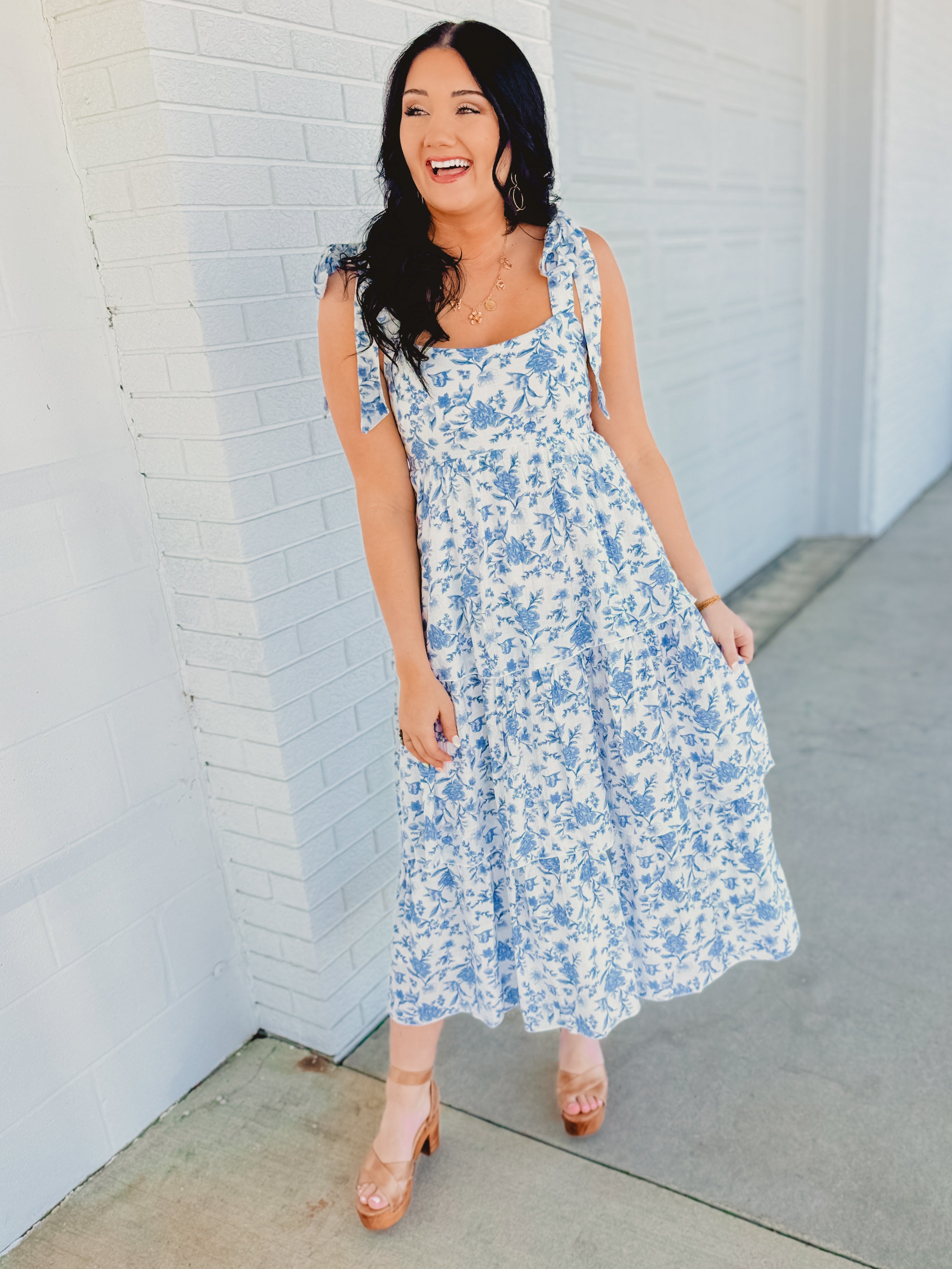 Floral Print Ruffle Tiered Midi Dress - Blue