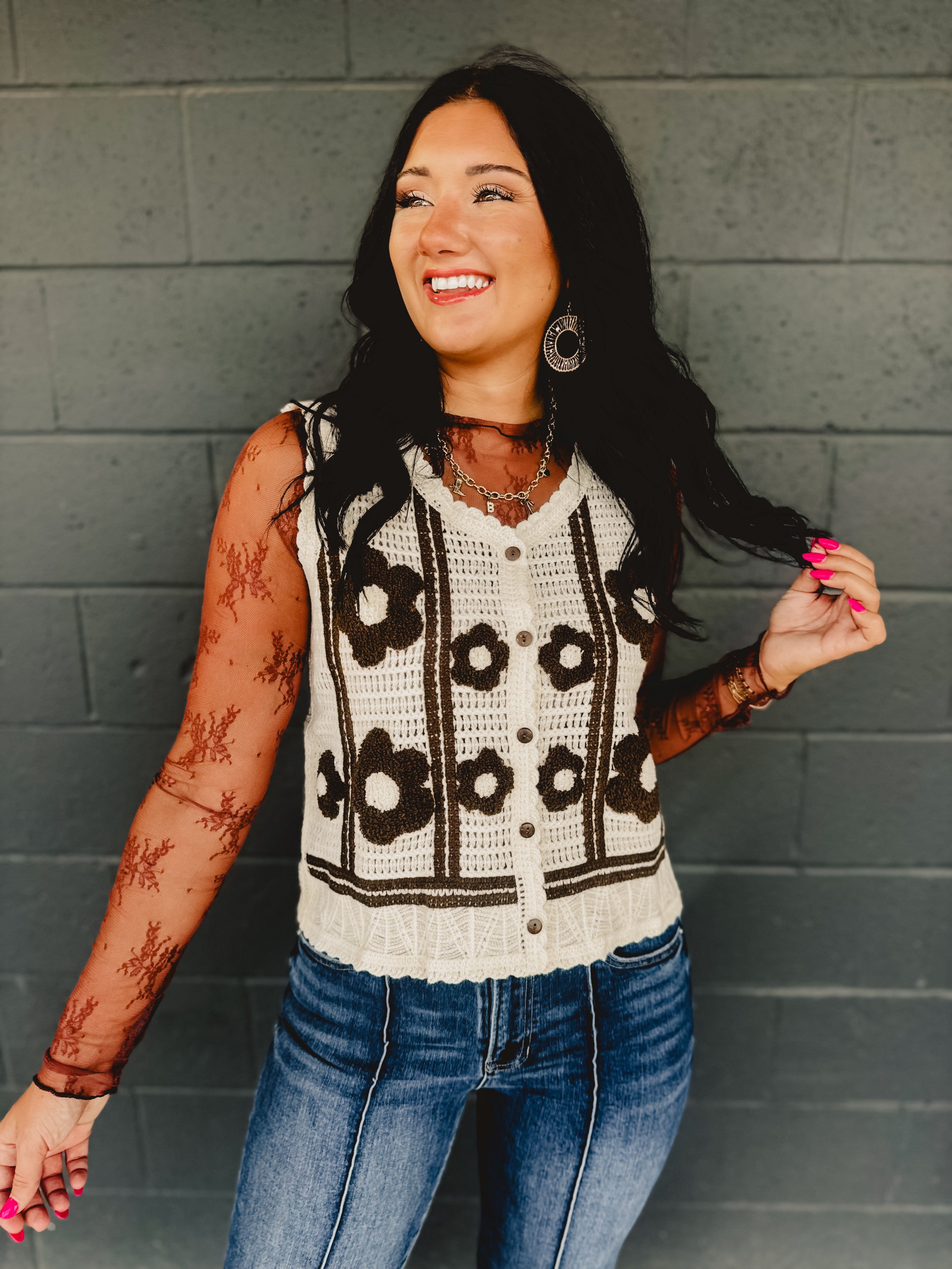 Floral Crochet Button Sweater Vest - Cream/Brown