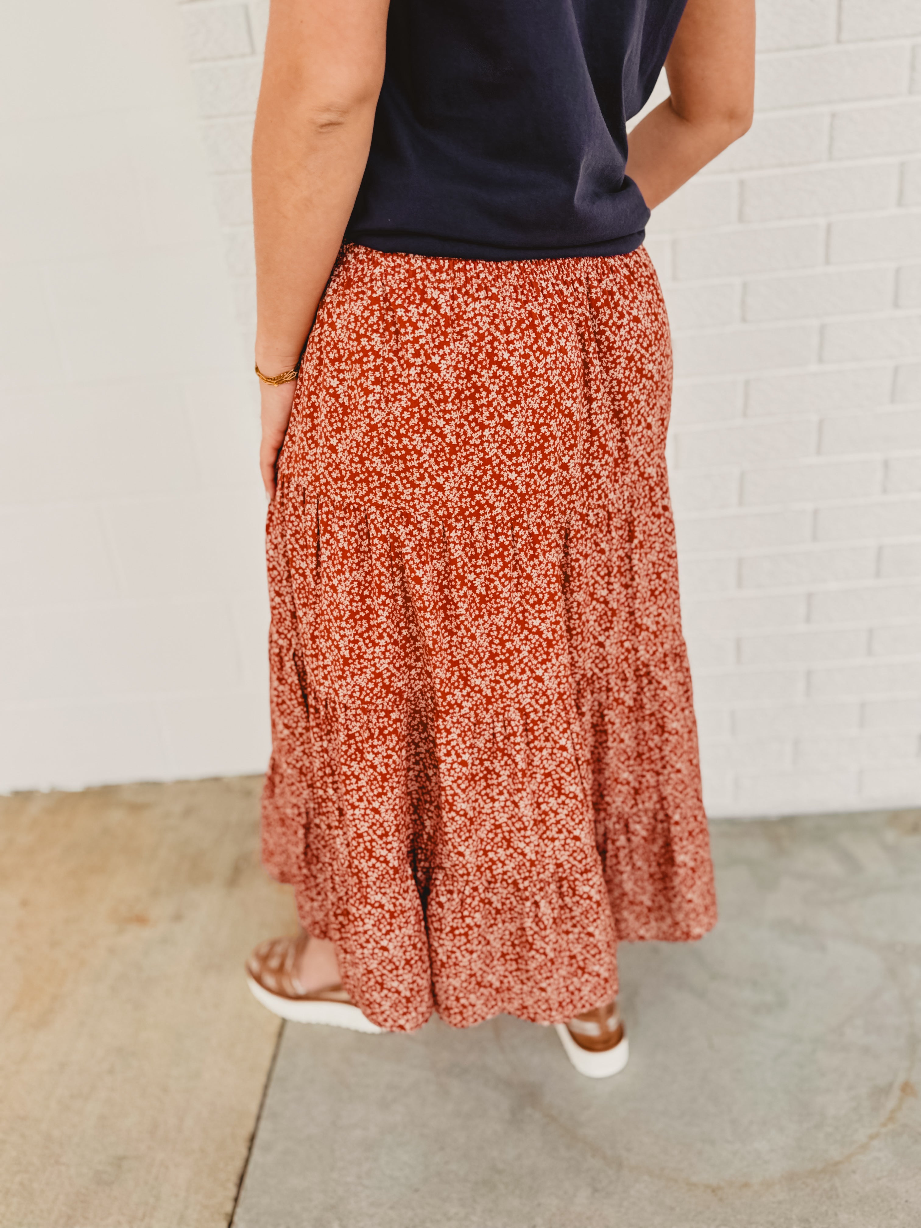 Floral Tiered Midi Skirt with Front Slit - Rust