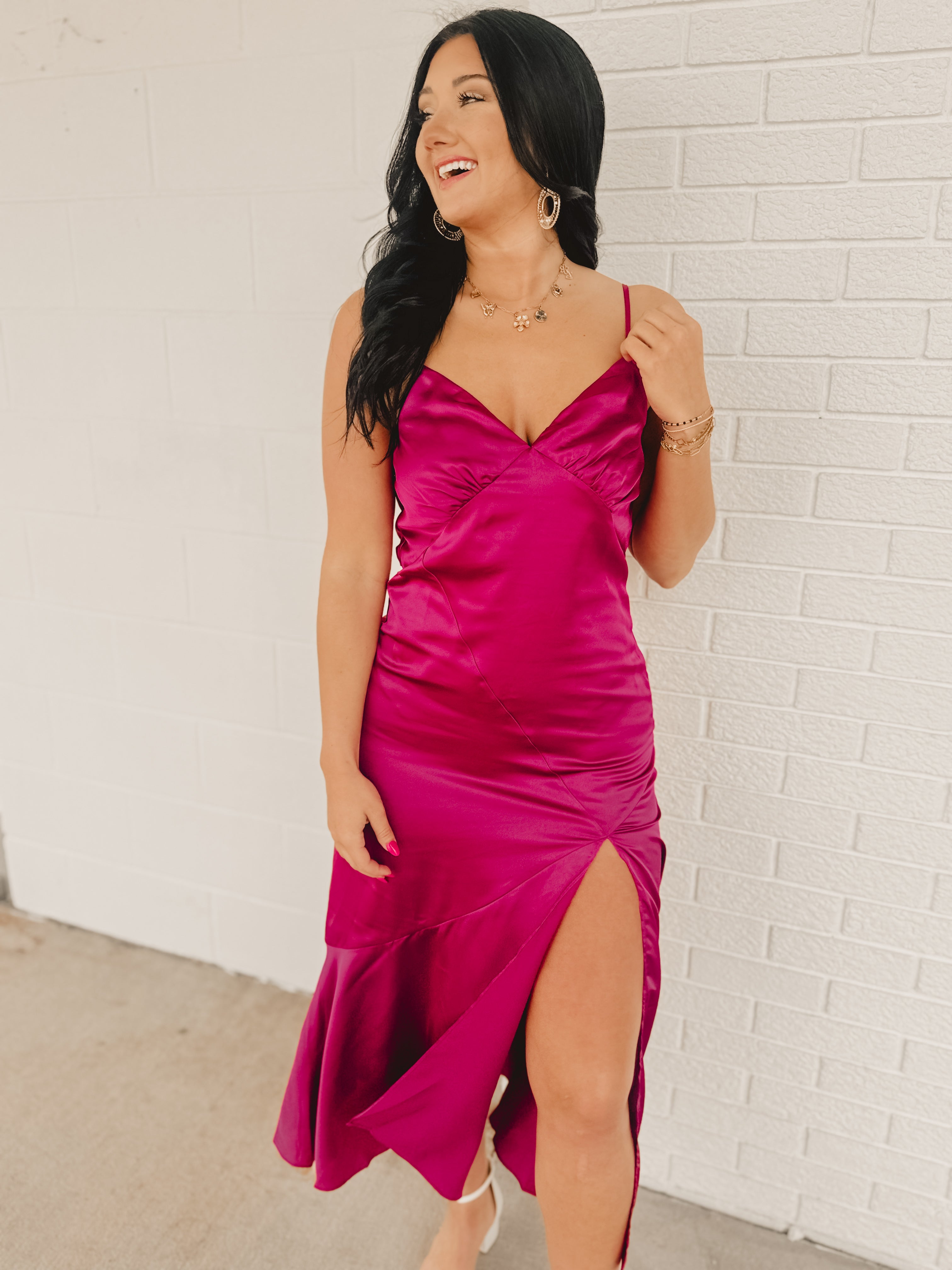 Tie-Back & Slit Midi Slip Dress - Deep Claret