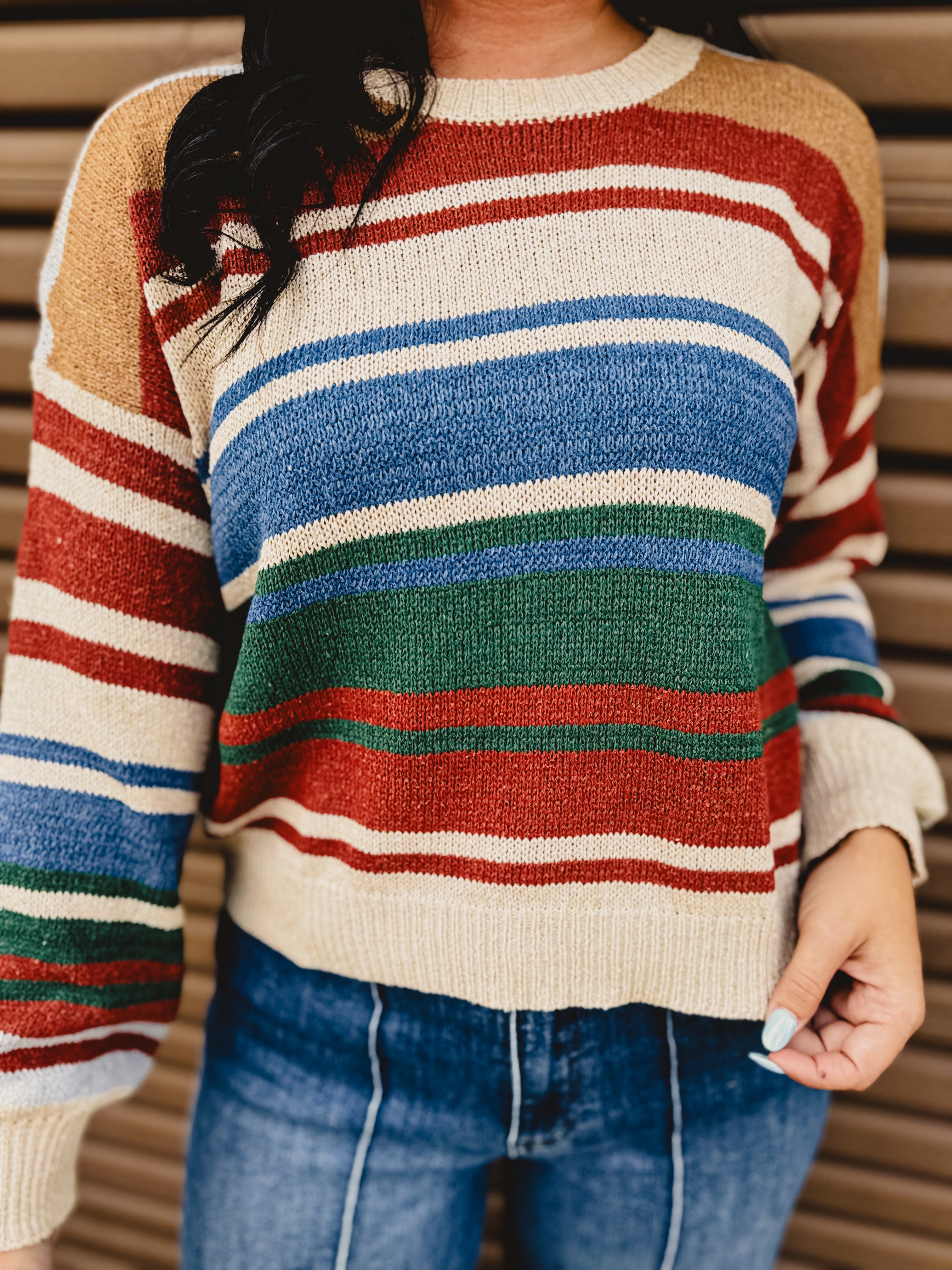 Color Block Striped Sweater - Blue/Rust