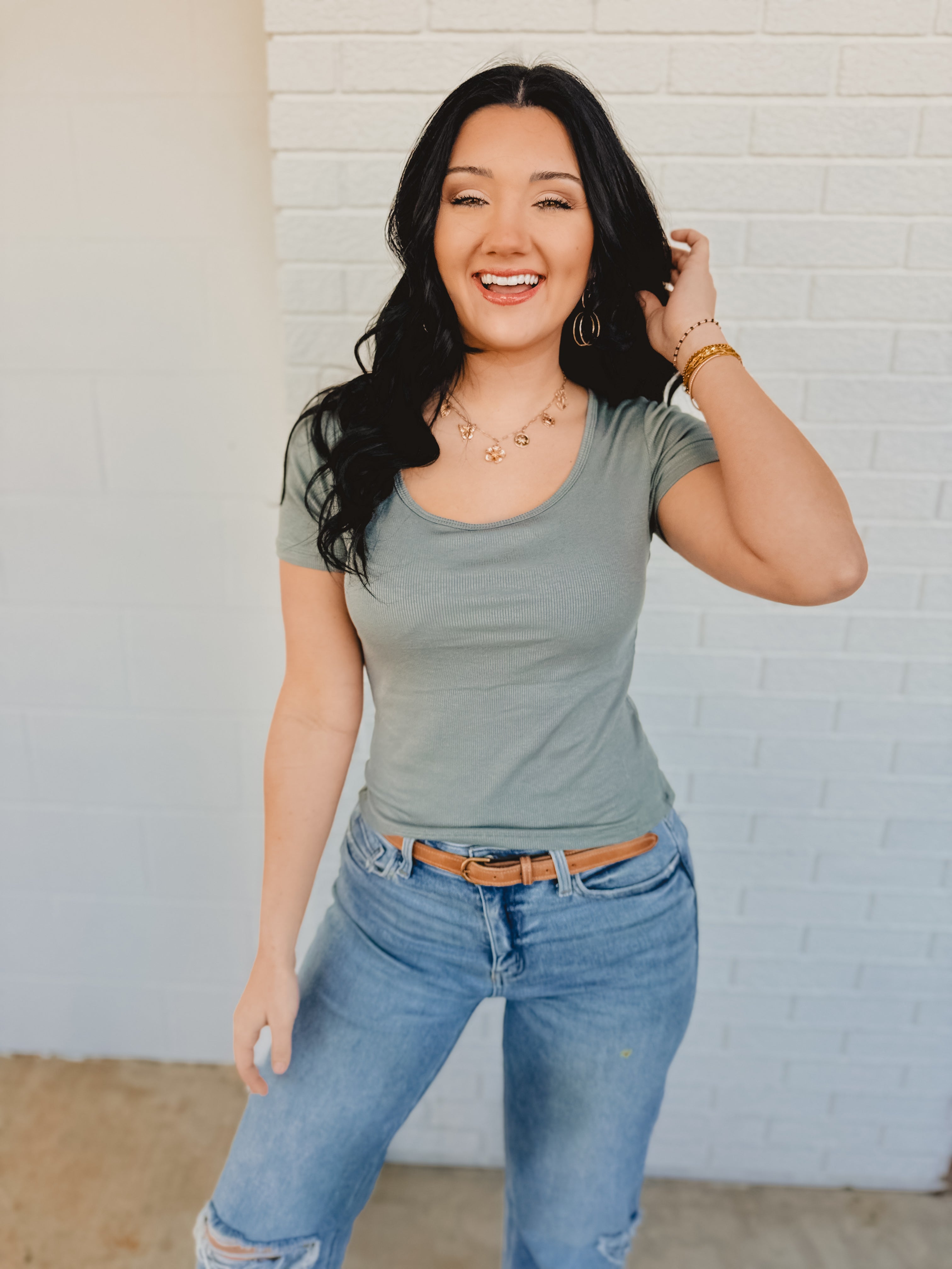 Ribbed Padded Knit Top - Teal Green