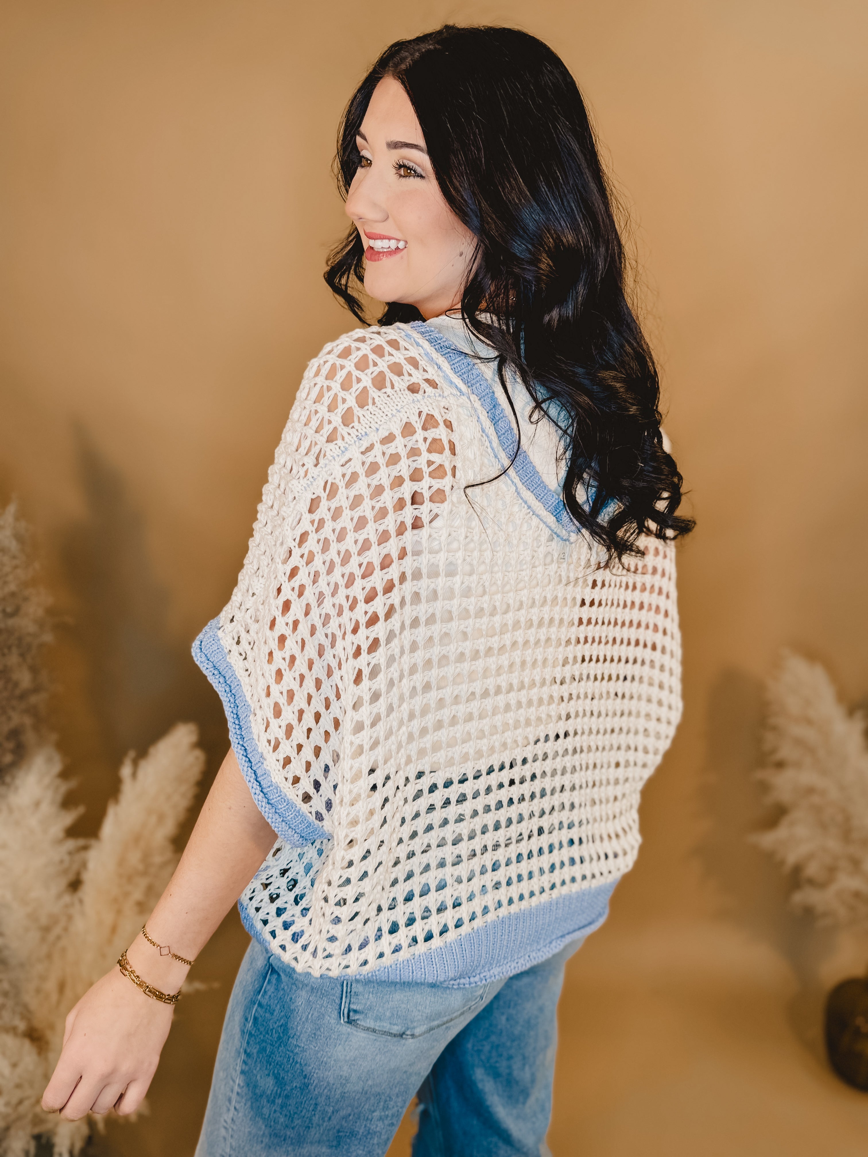 Daisy Crochet Knit Sweater - Ivory / Blue