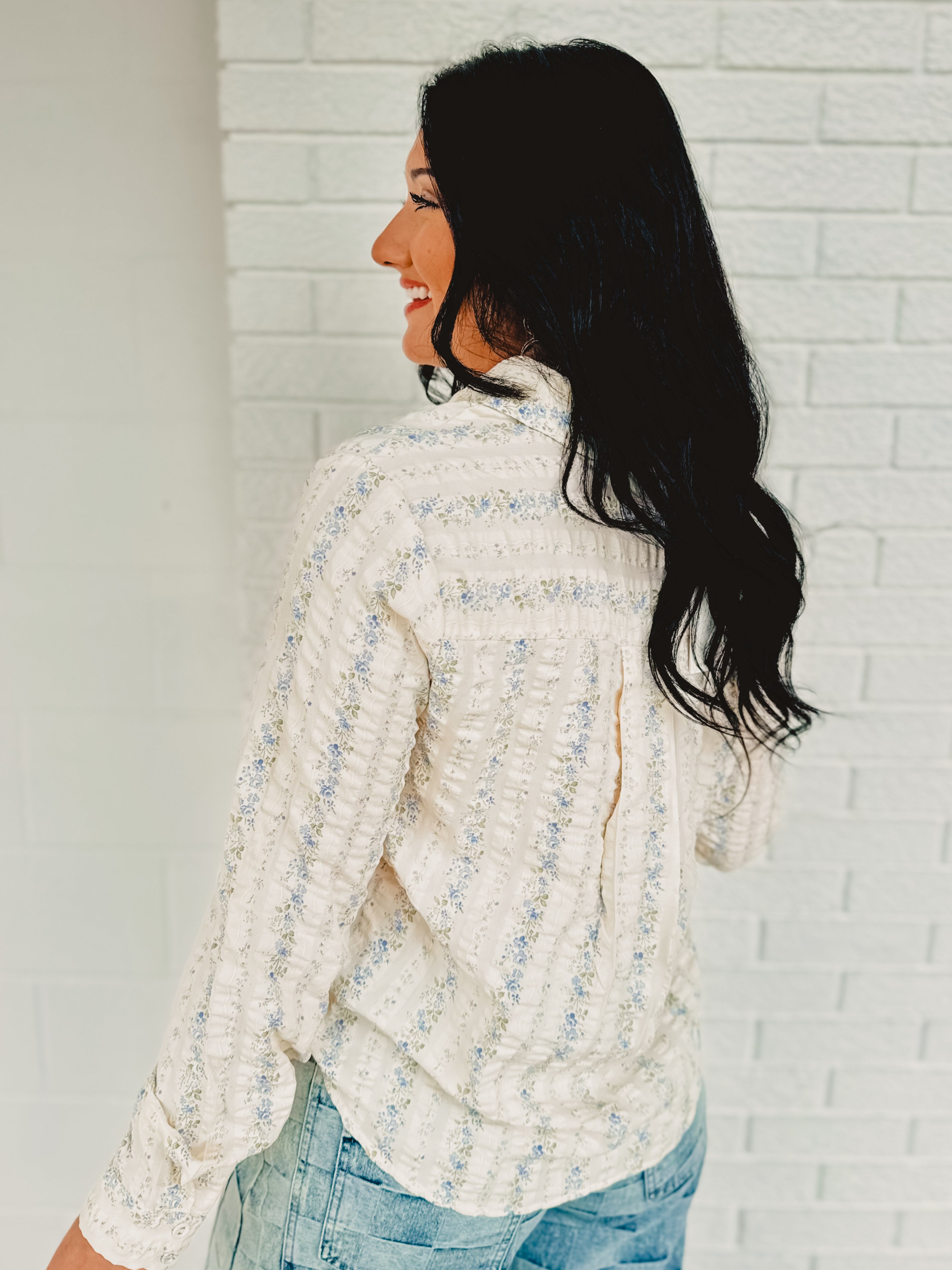 Long Sleeve Button Up Floral Top - Chambray