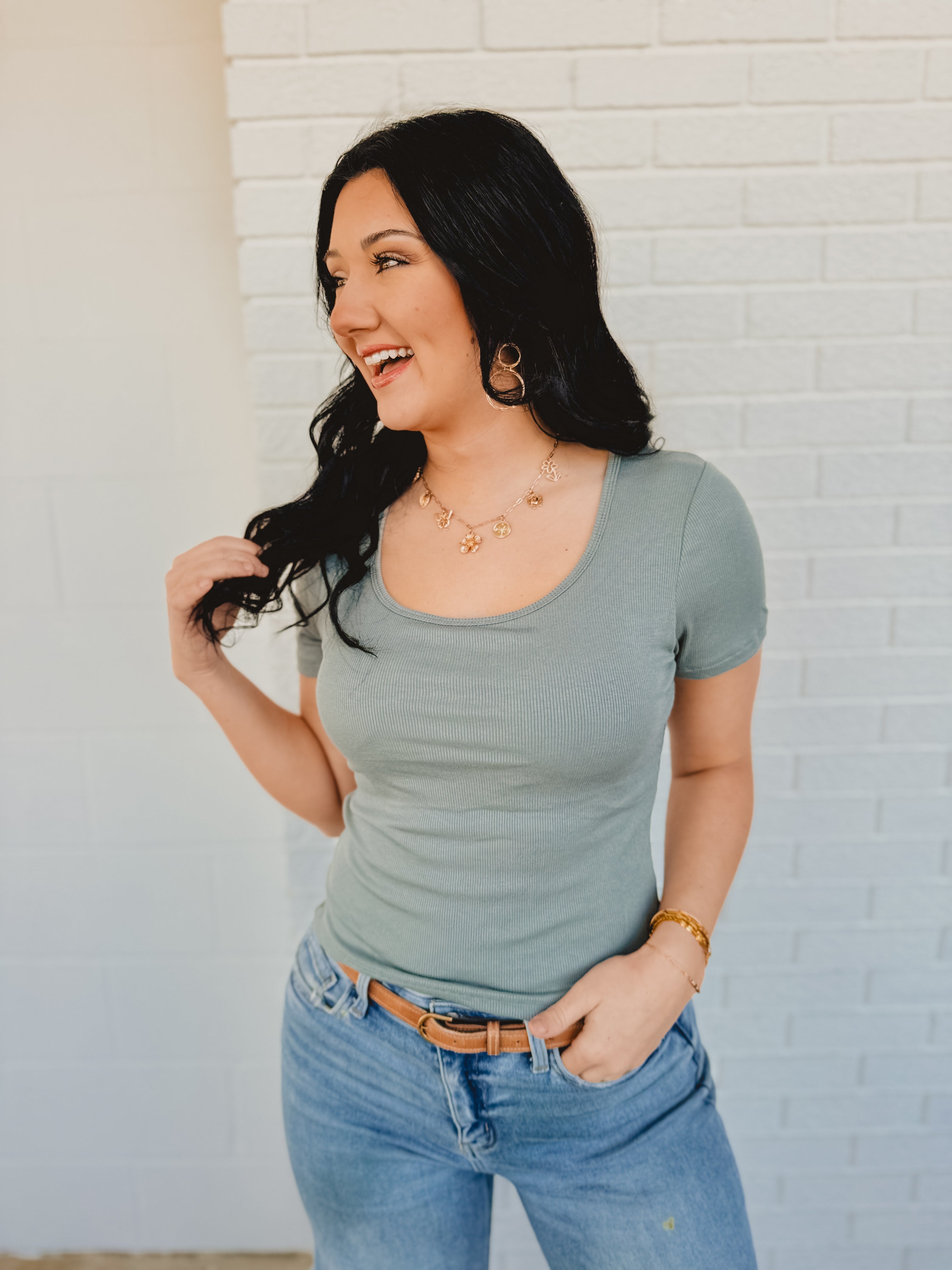 Ribbed Padded Knit Top - Teal Green