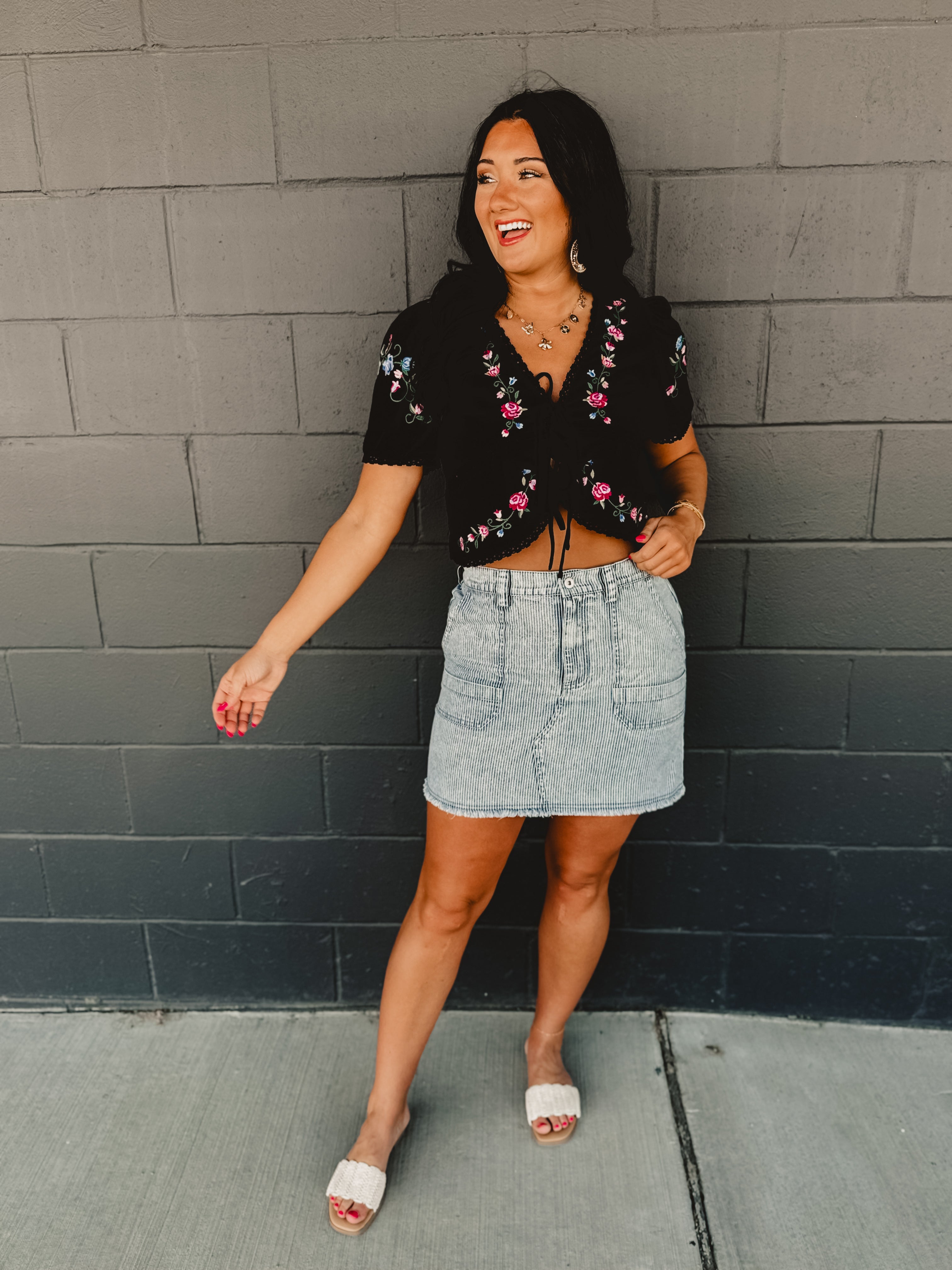 Mineral Washed Denim Striped Mini Skirt