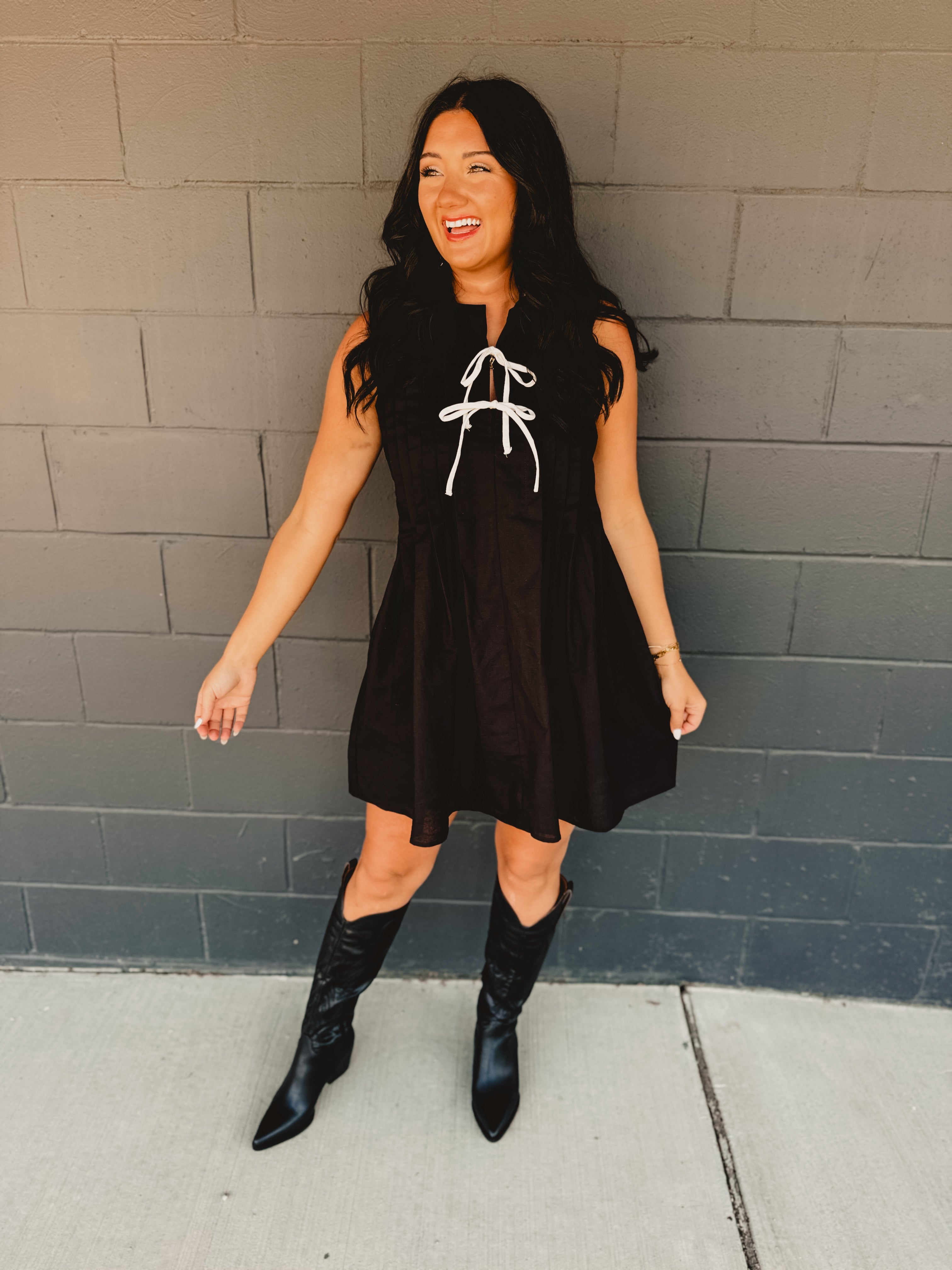 Bow Pleated Mini Dress - Black