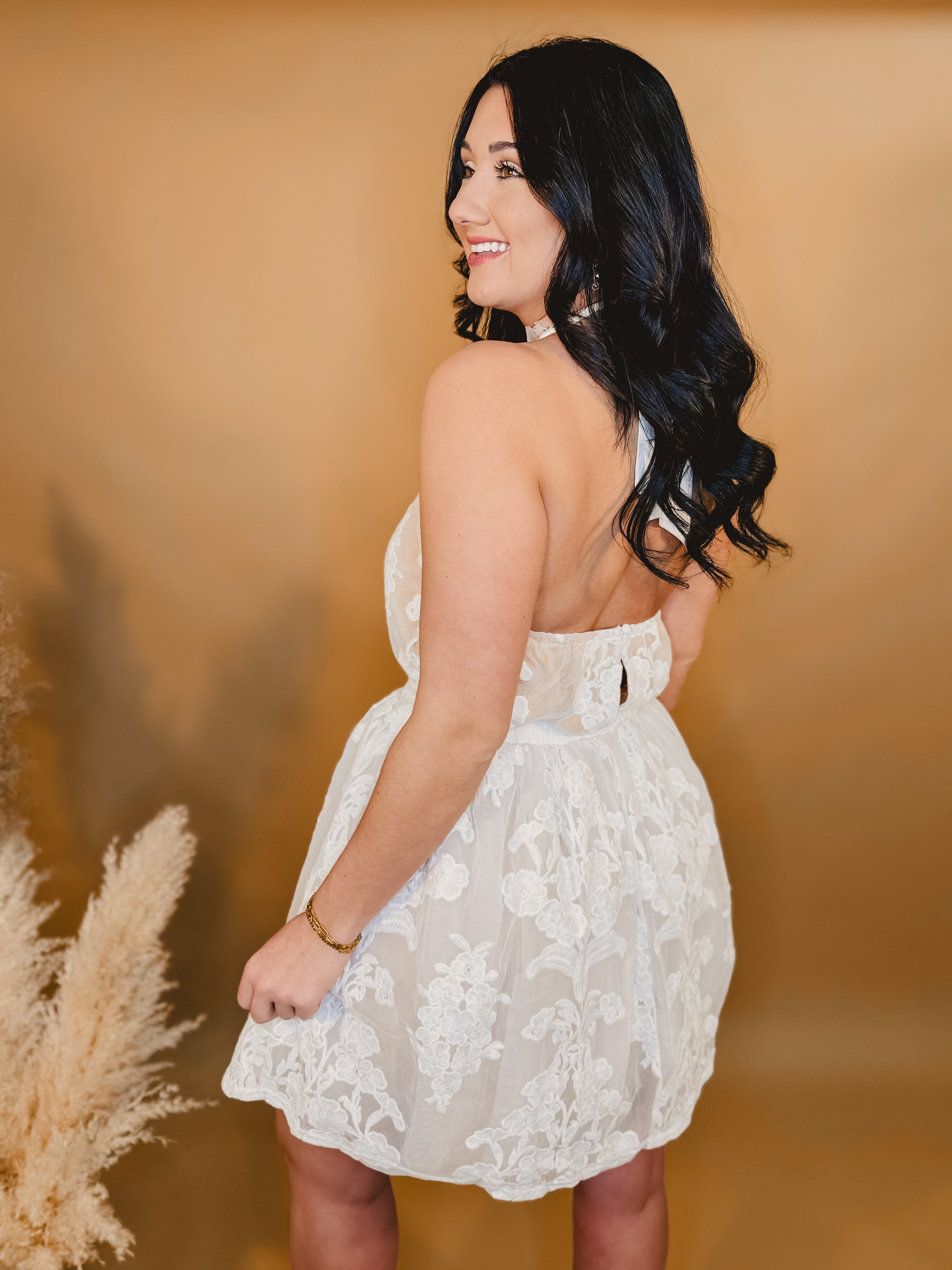 Floral Lace Sheer Mini Dress - Cream