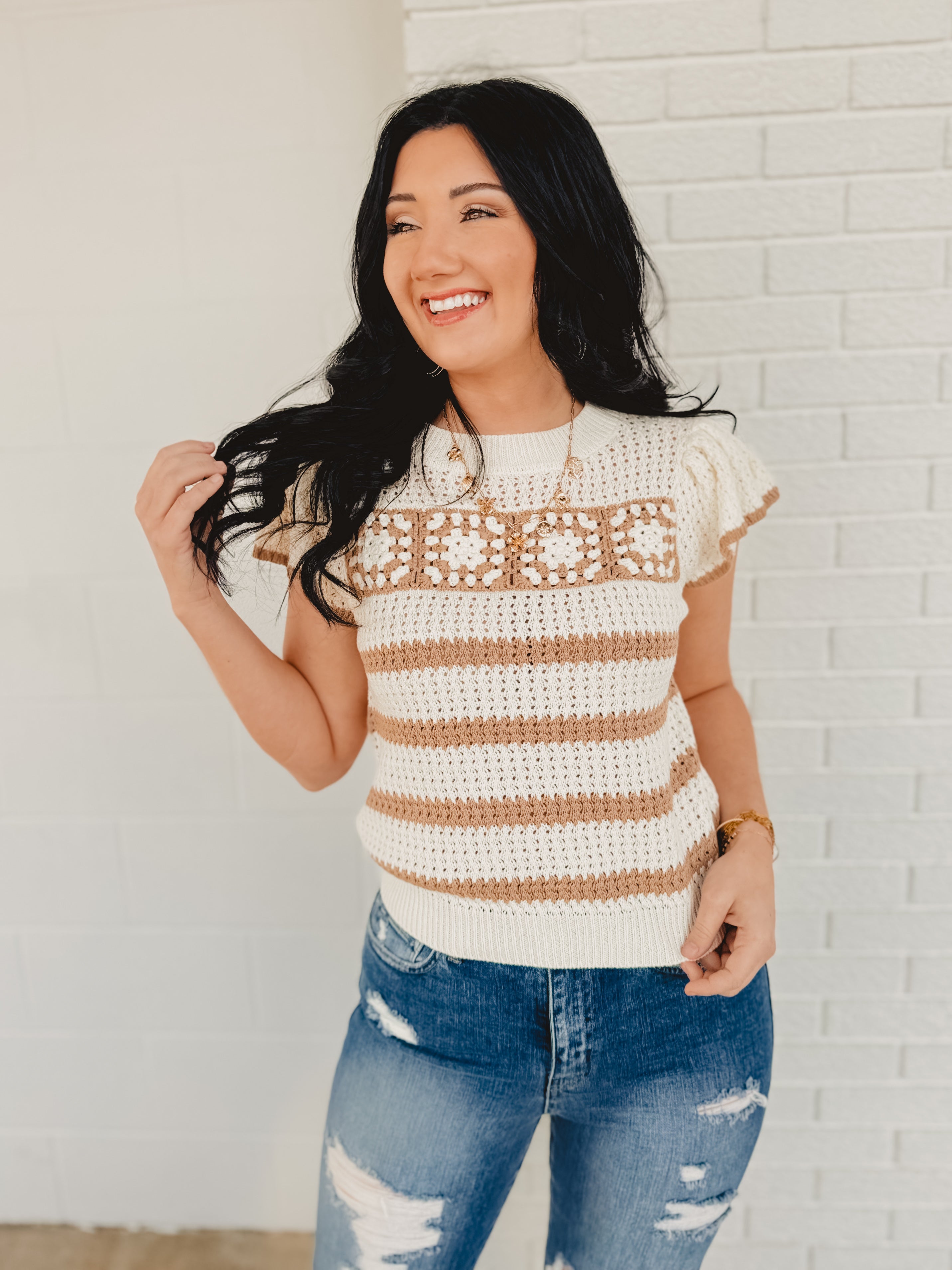 Stripe Short Sleeve Crochet Knit Top - Khaki/Cream