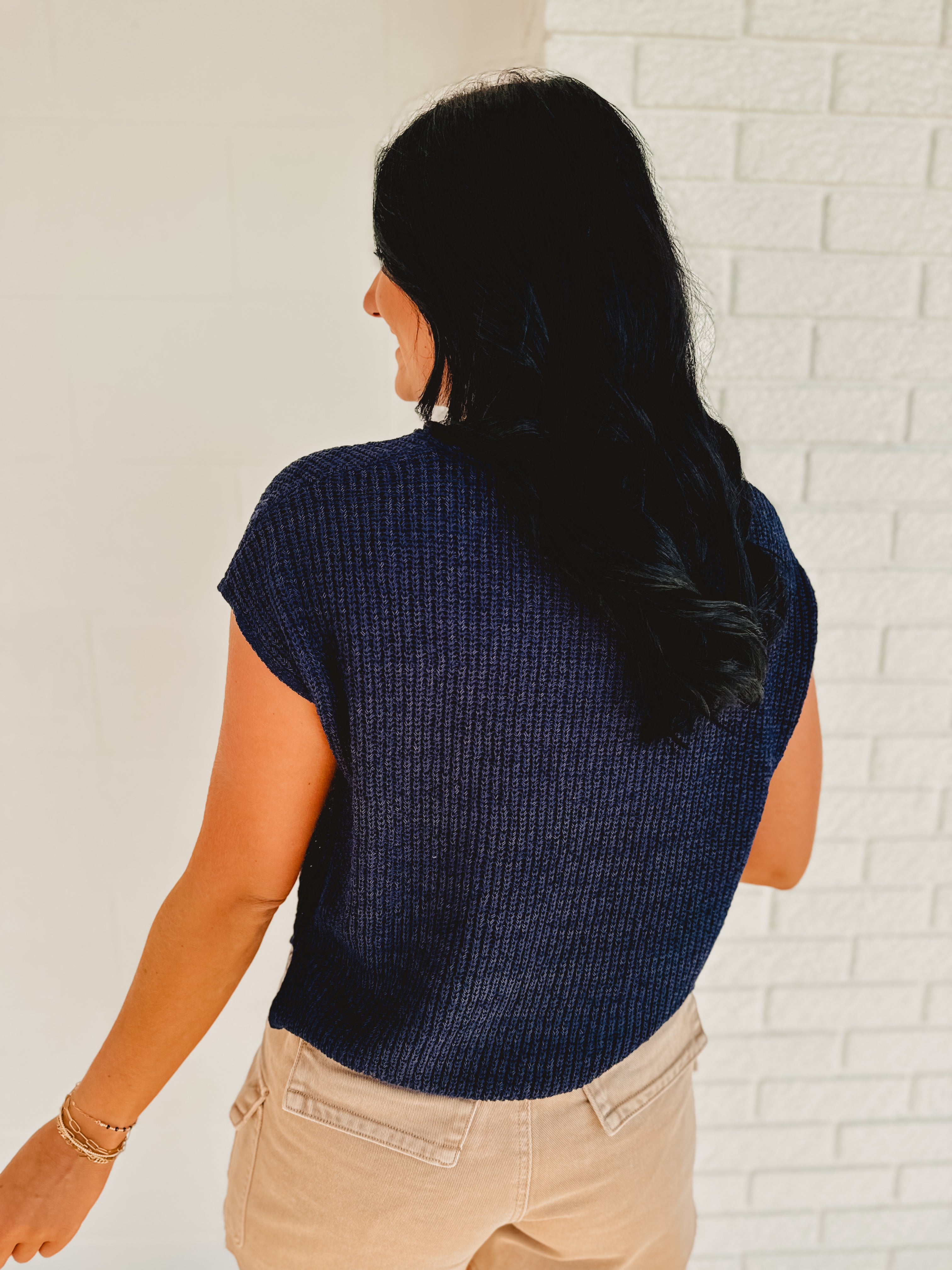 Split Neck Short Sleeve Knit Pullover - Navy
