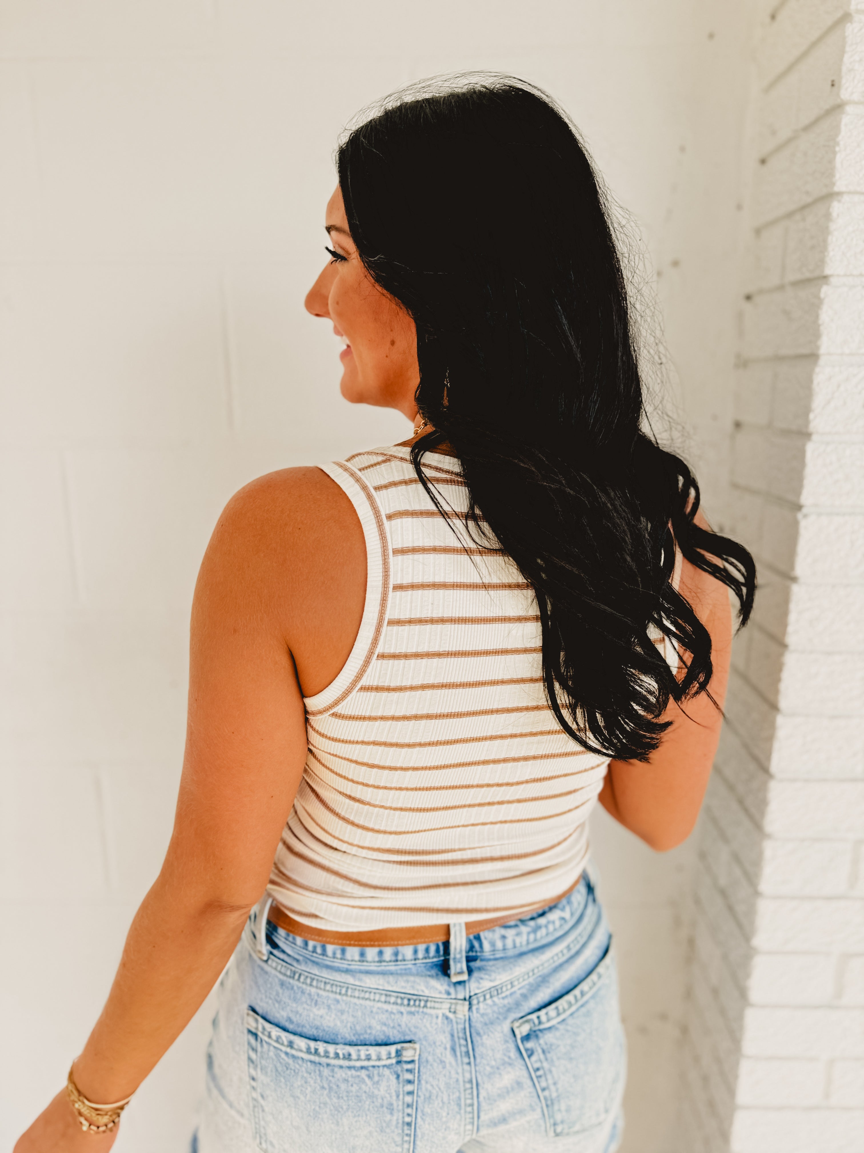 Striped Ribbed Tank Top - Mocha/Ivory