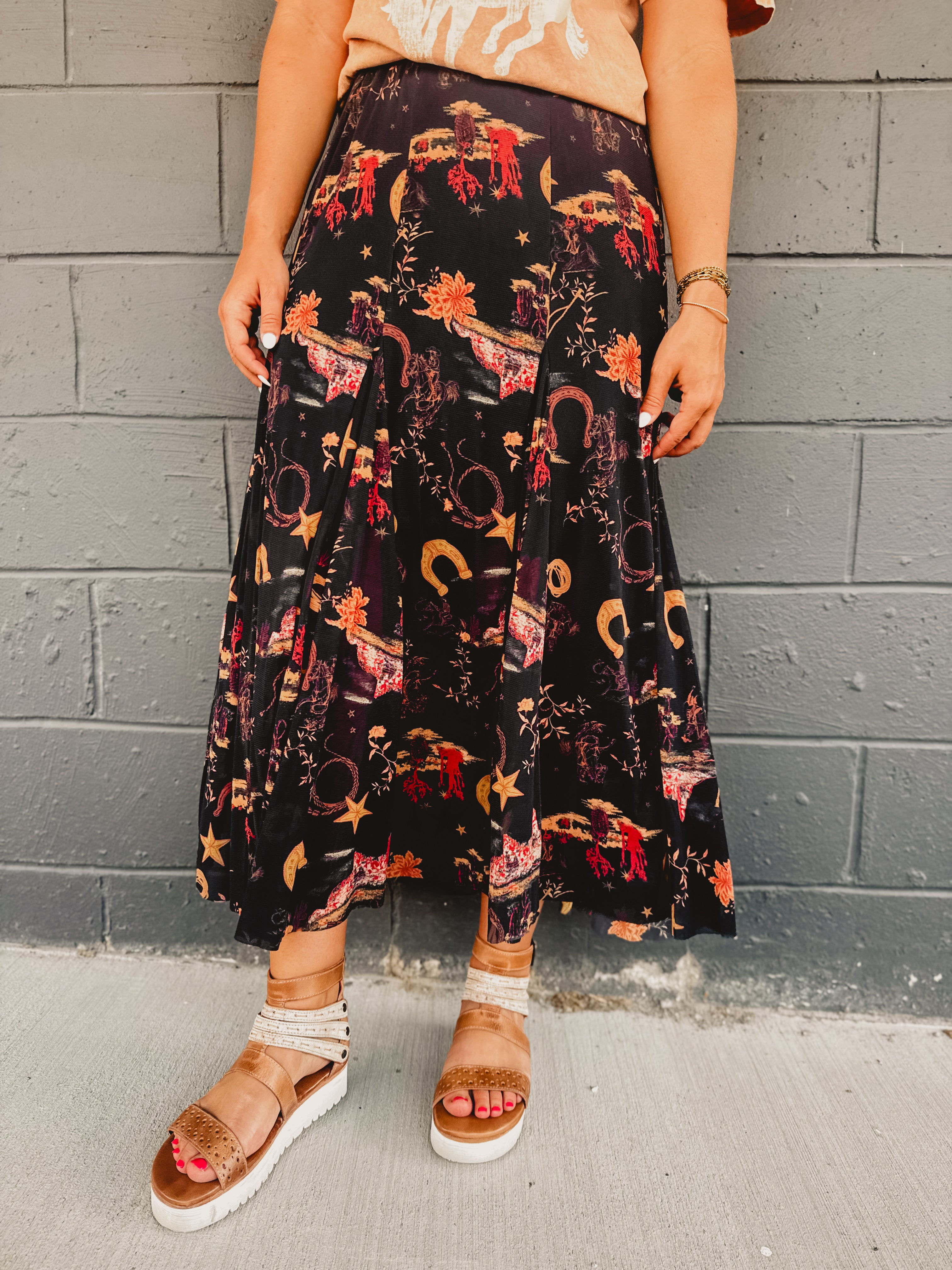 Western Printed Maxi Skirt - Black