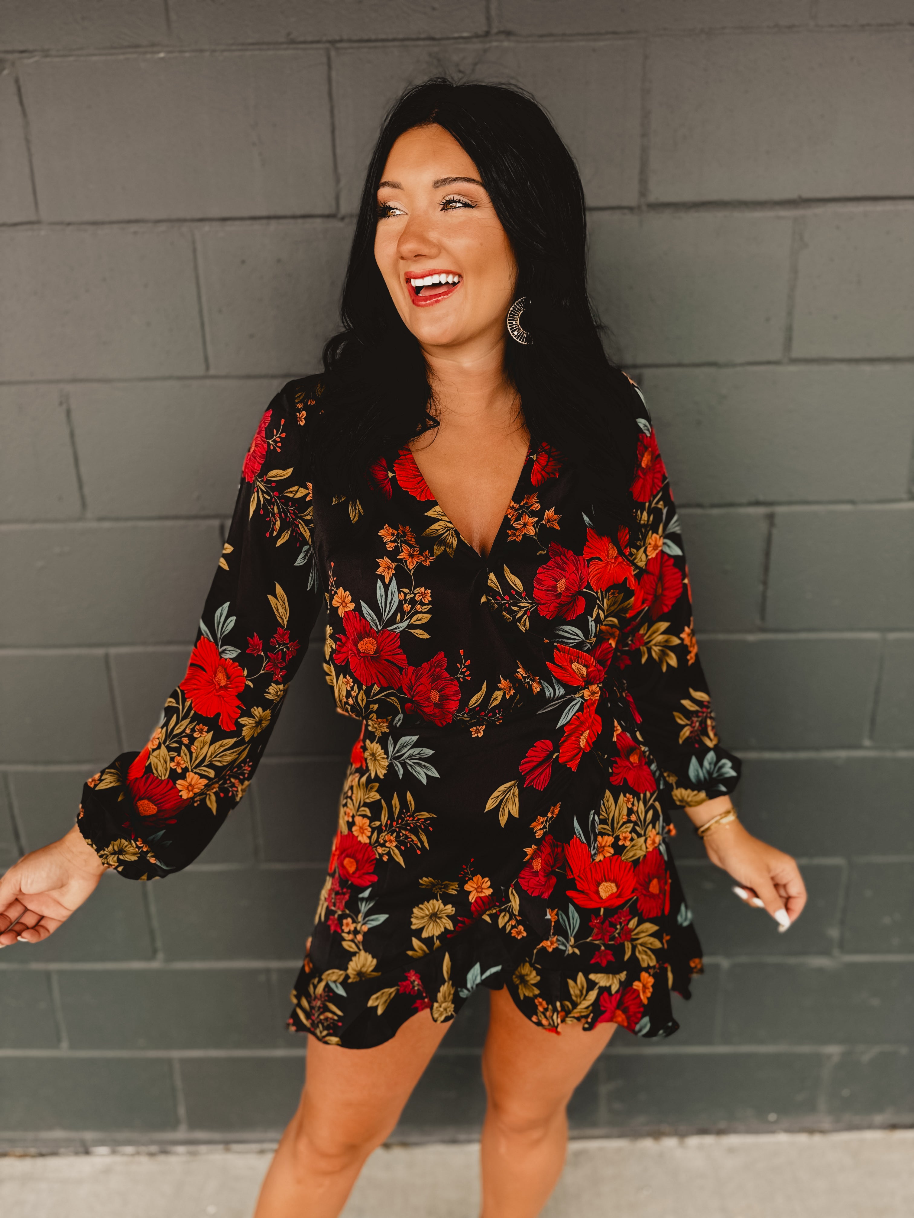 Midnight Floral Satin Wrap Dress - Black