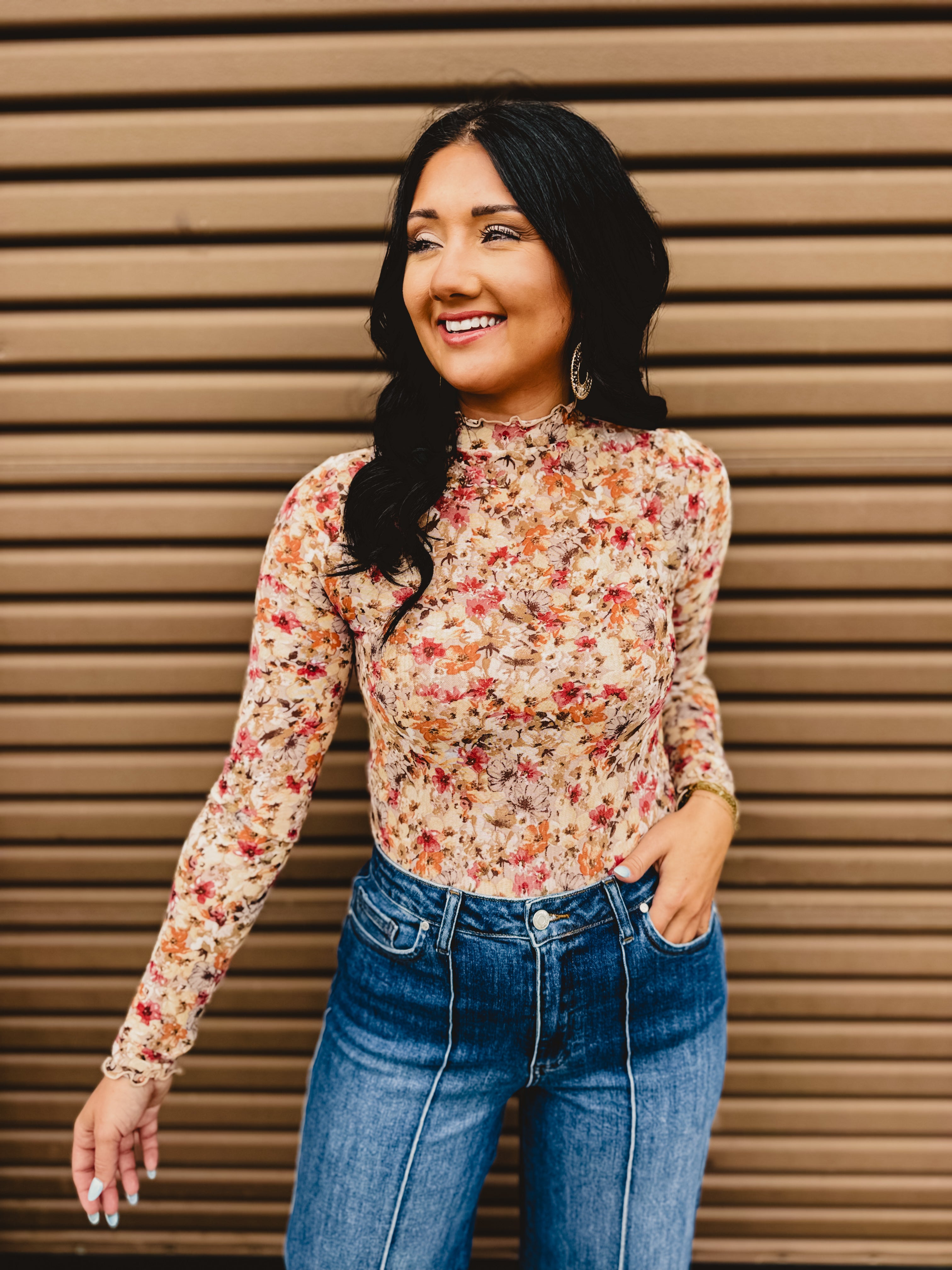 Floral Mesh Mock Neck Long Sleeve Top - Taupe