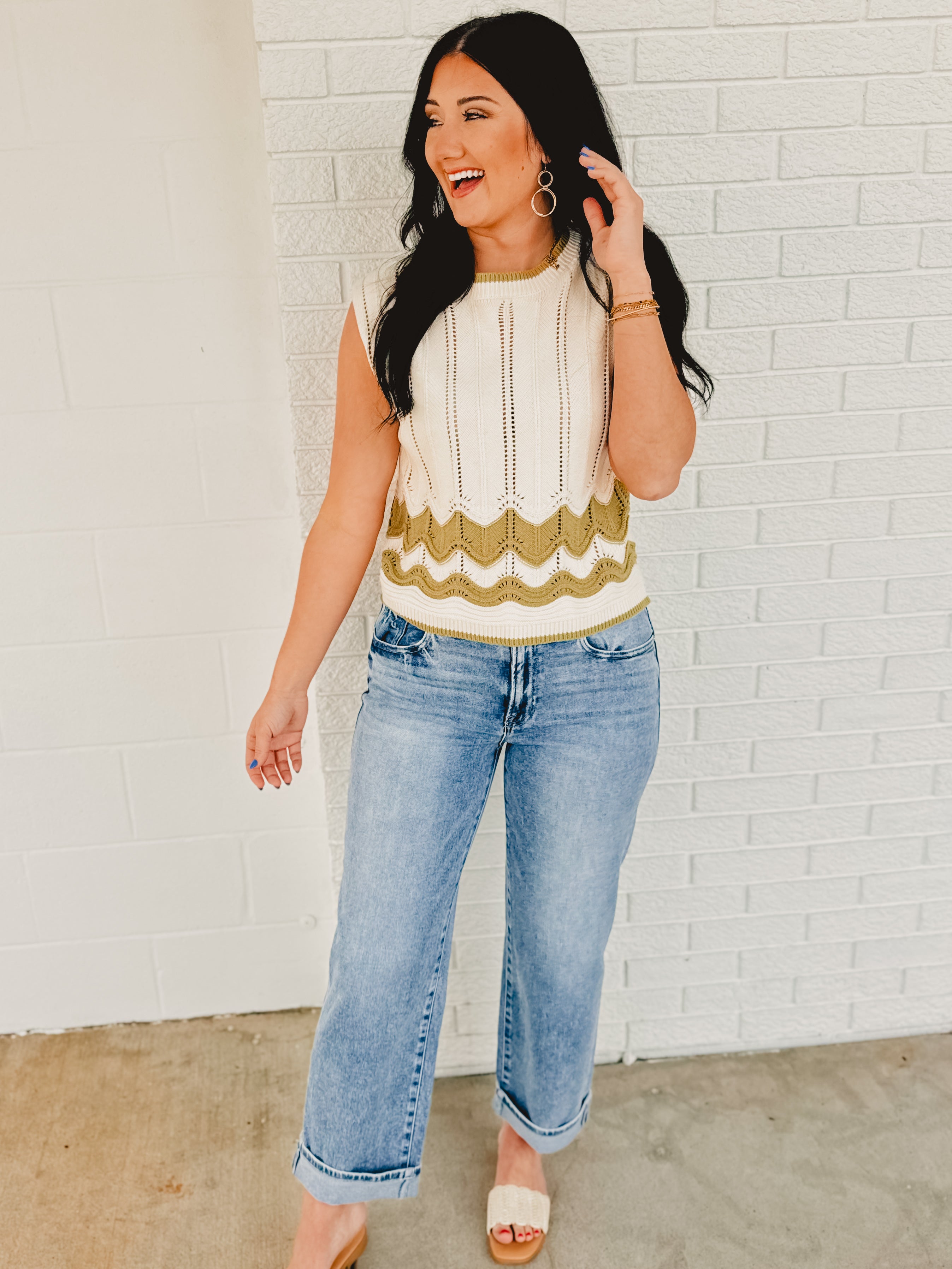 Cable Knit Sleeveless Top - Cream/Sage