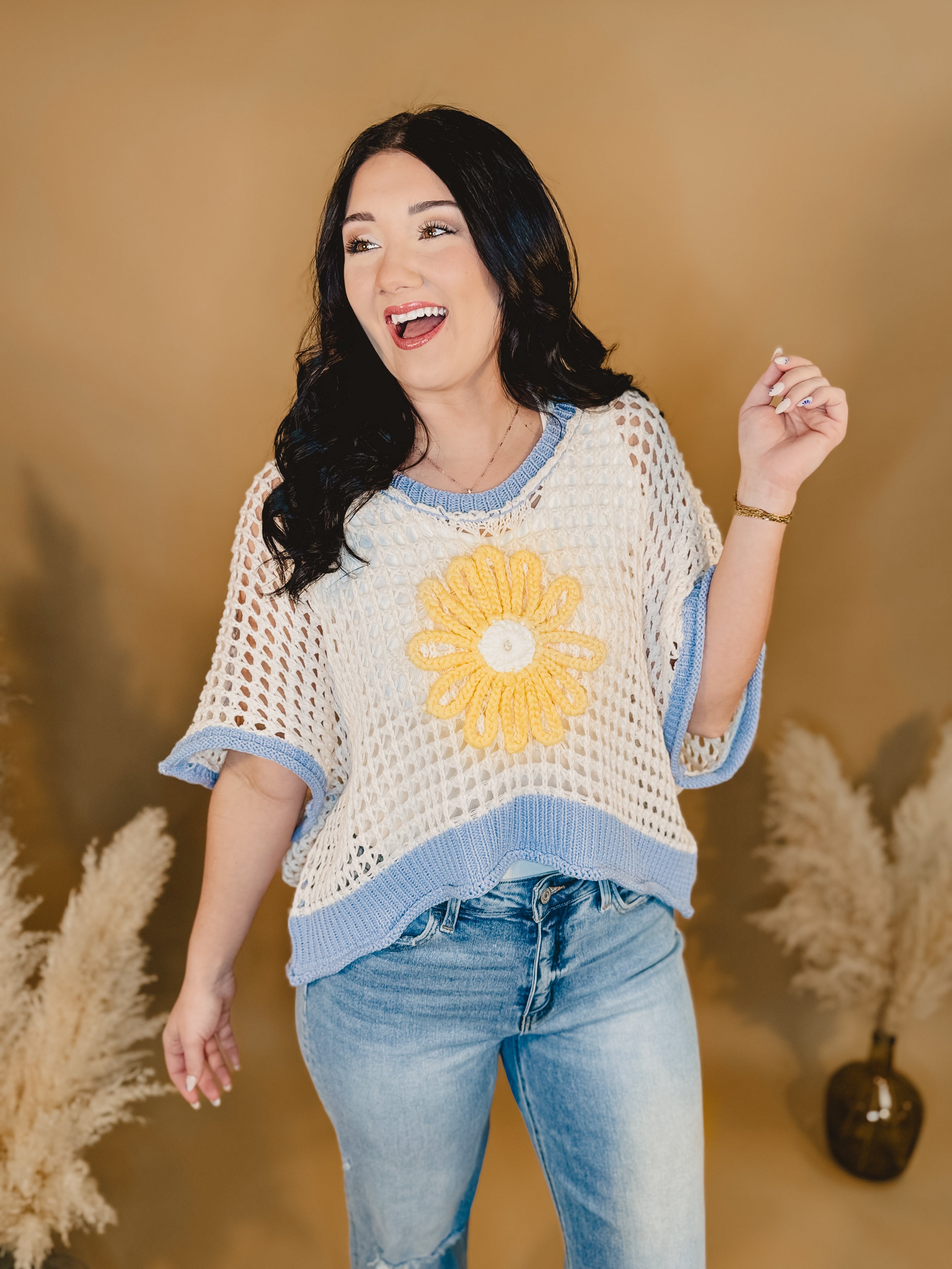 Daisy Crochet Knit Sweater - Ivory / Blue