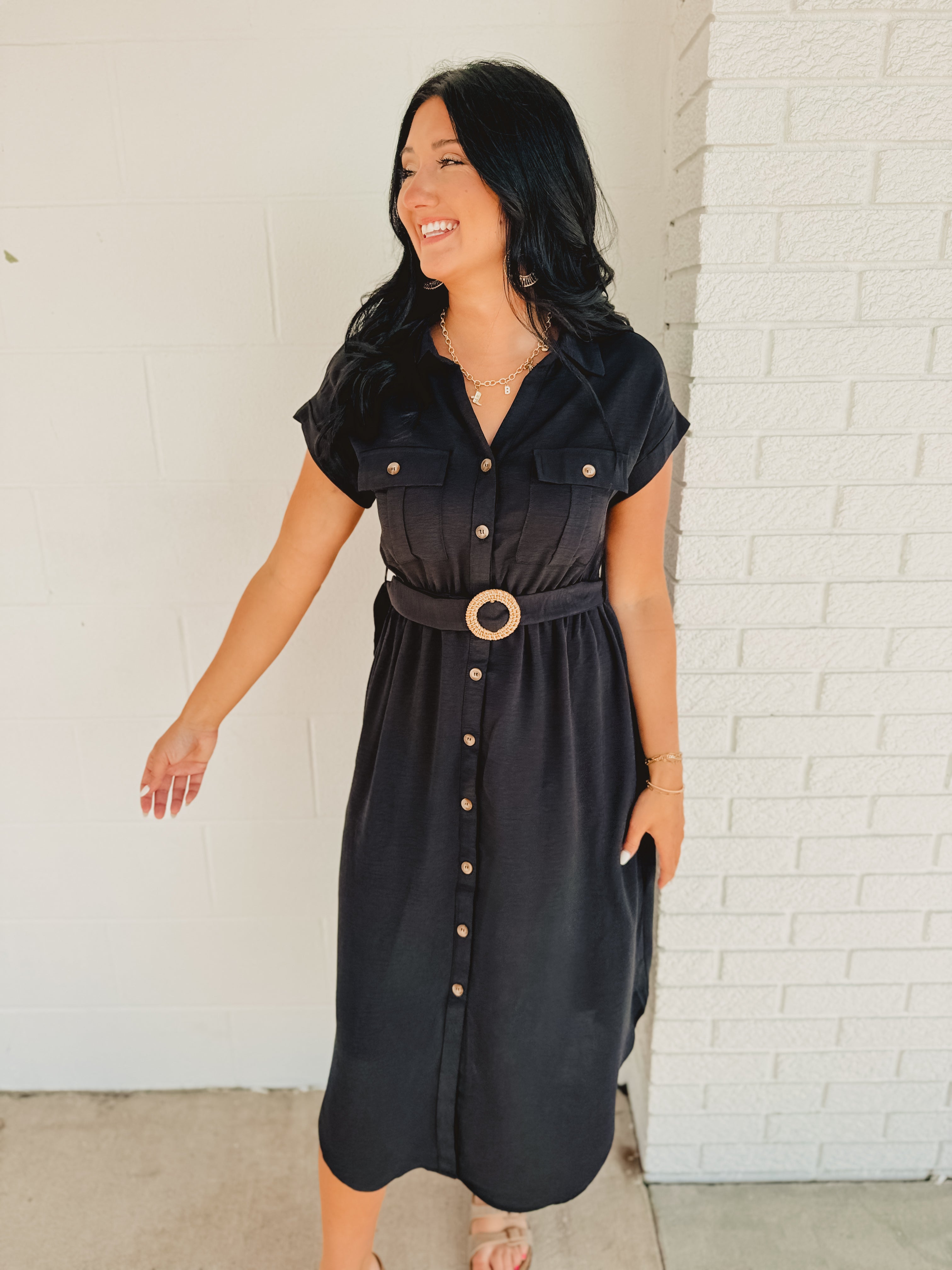 Button Down Belted Midi Dress - Black