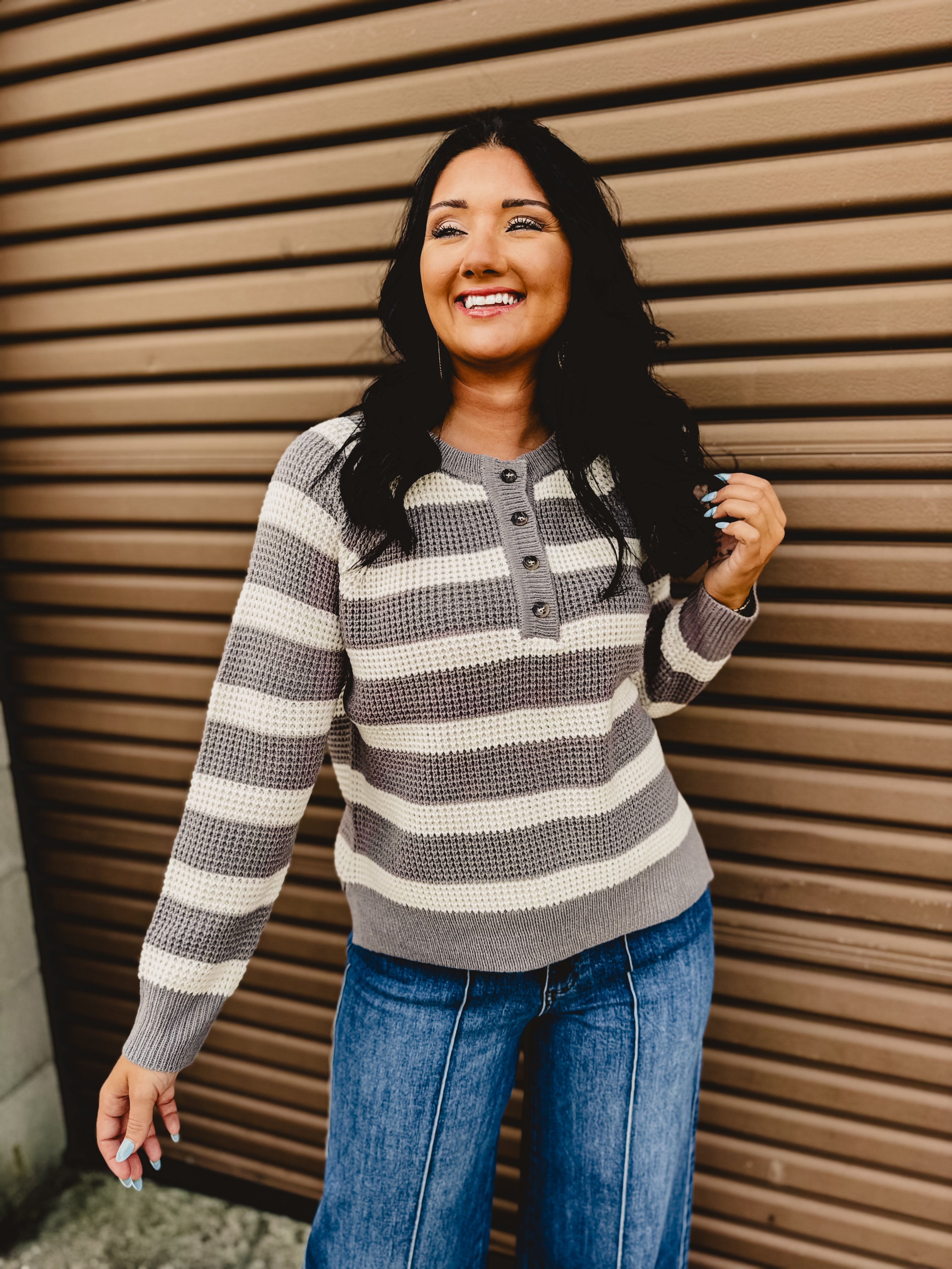 Sweater Knit Long Sleeve Top - Grey/Ivory
