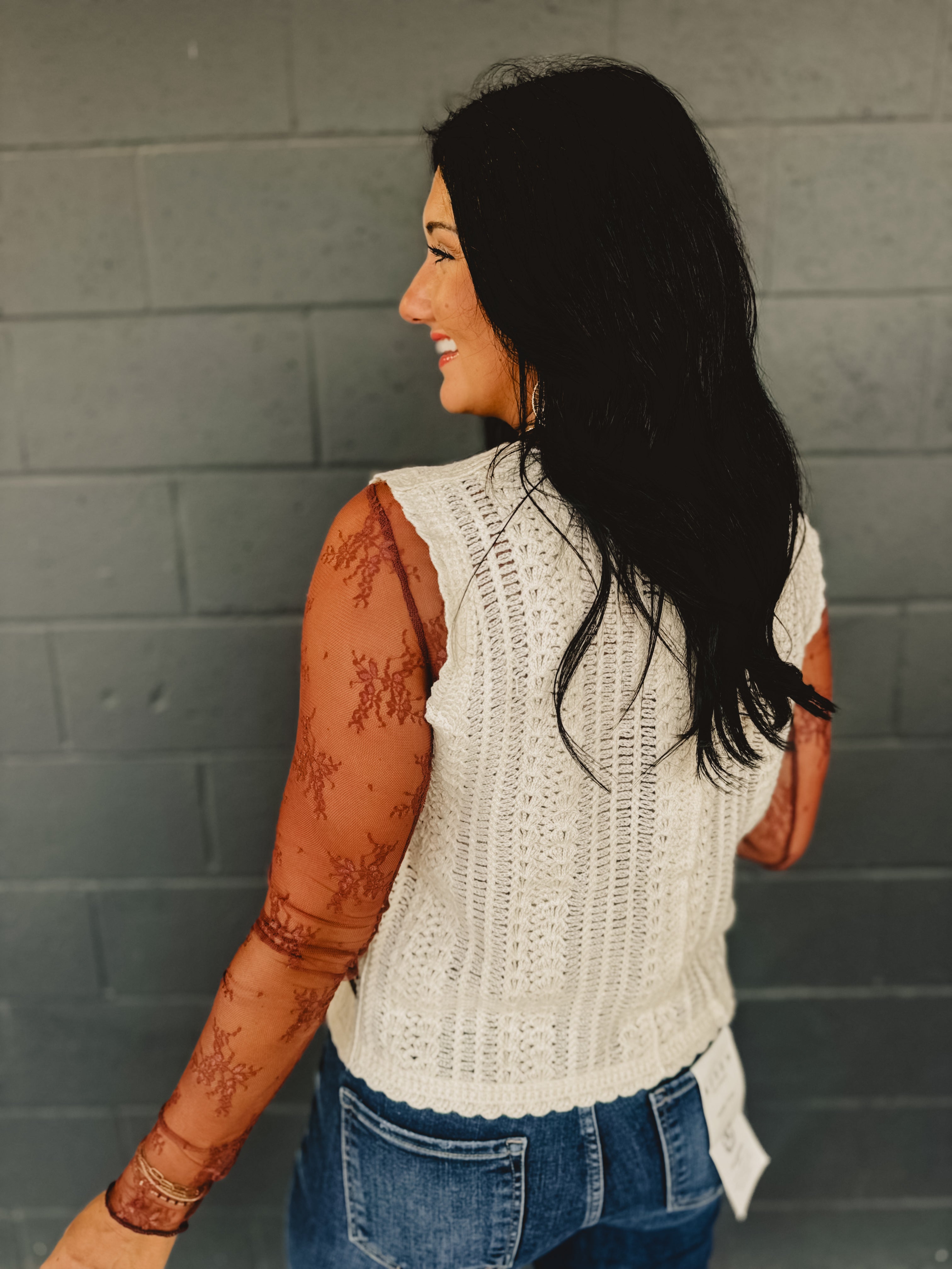 Floral Crochet Button Sweater Vest - Cream/Brown