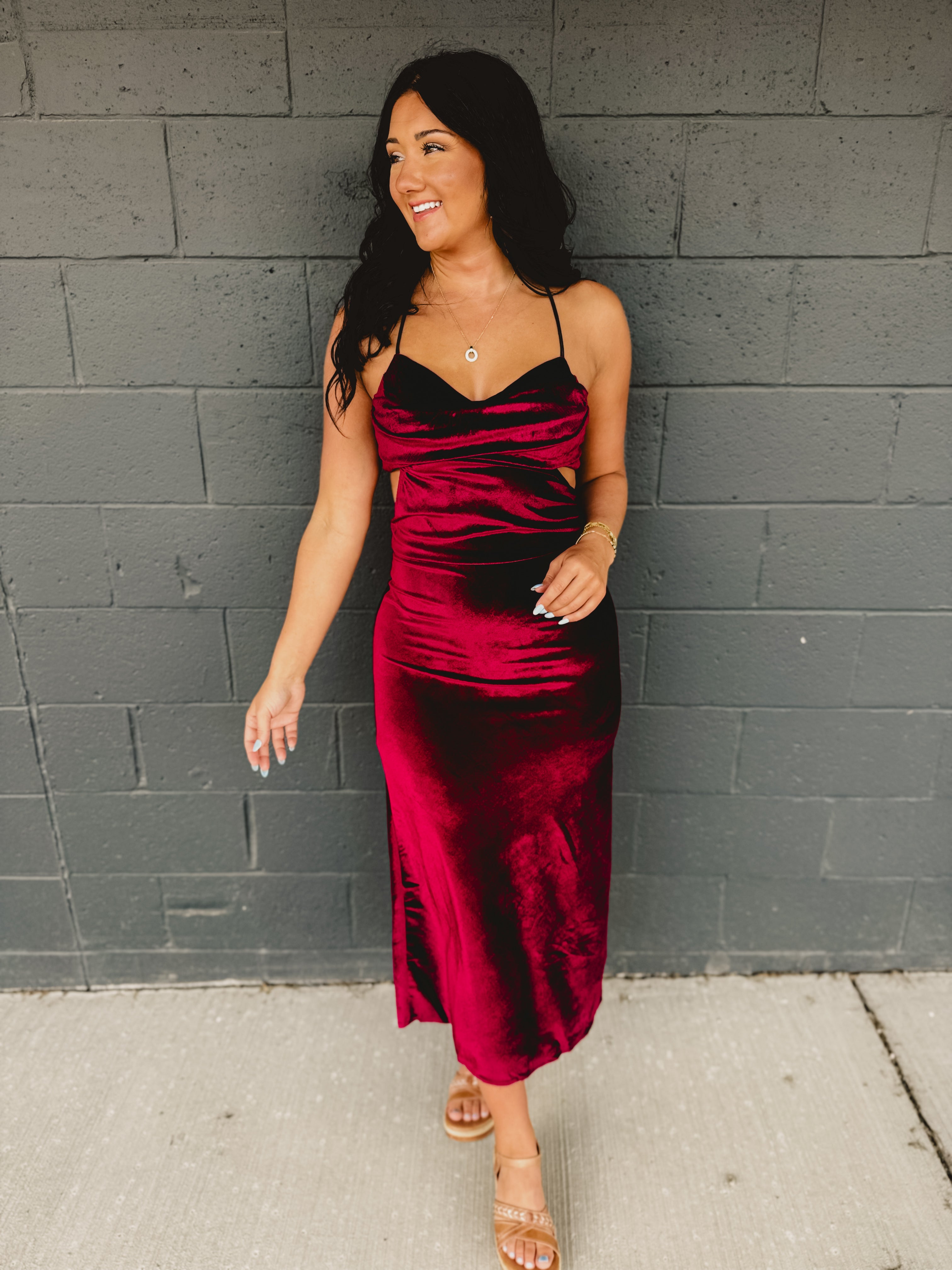 Velvet Cut-Out Open Back Maxi Dress - Burgundy